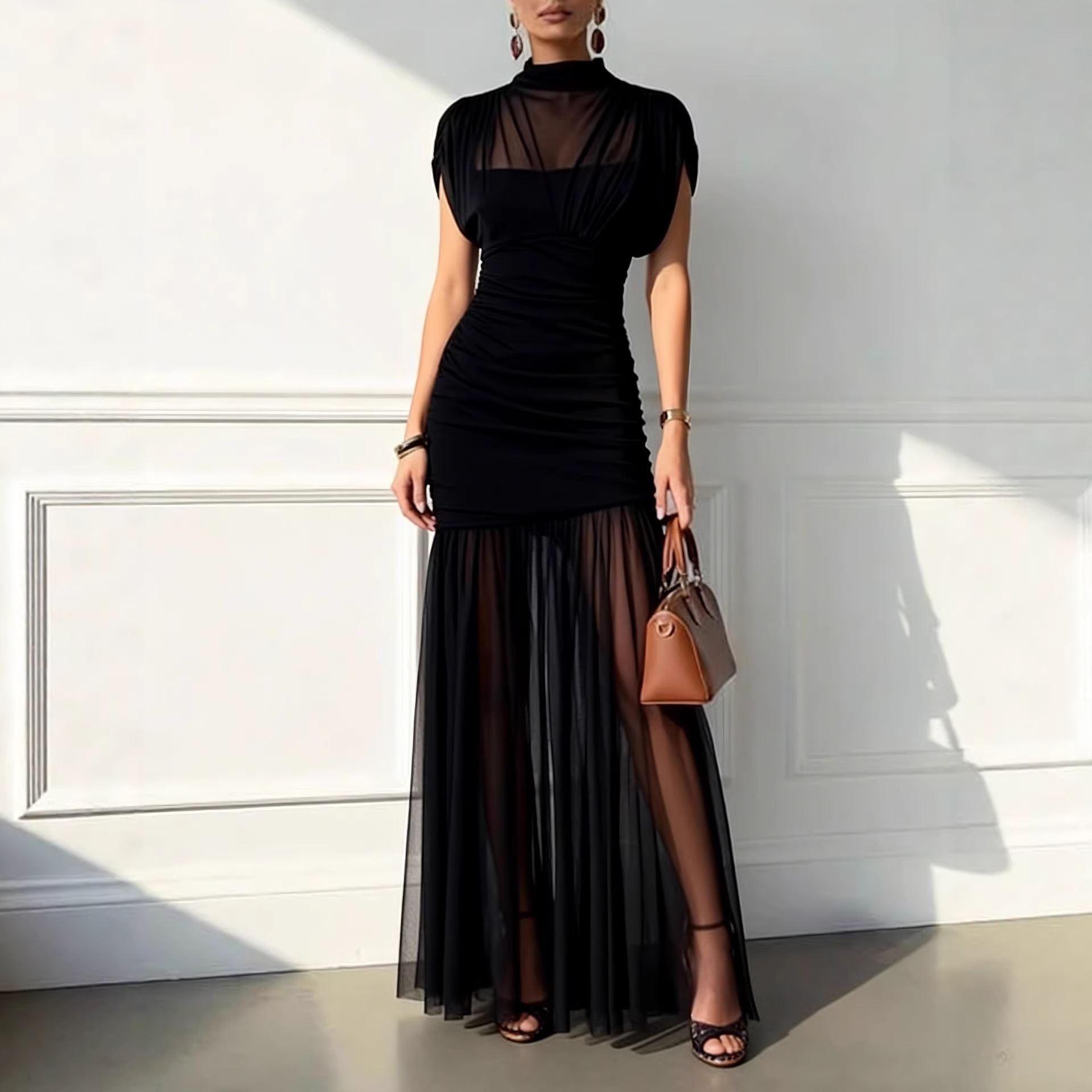 Womens Solid-color Mesh Dress