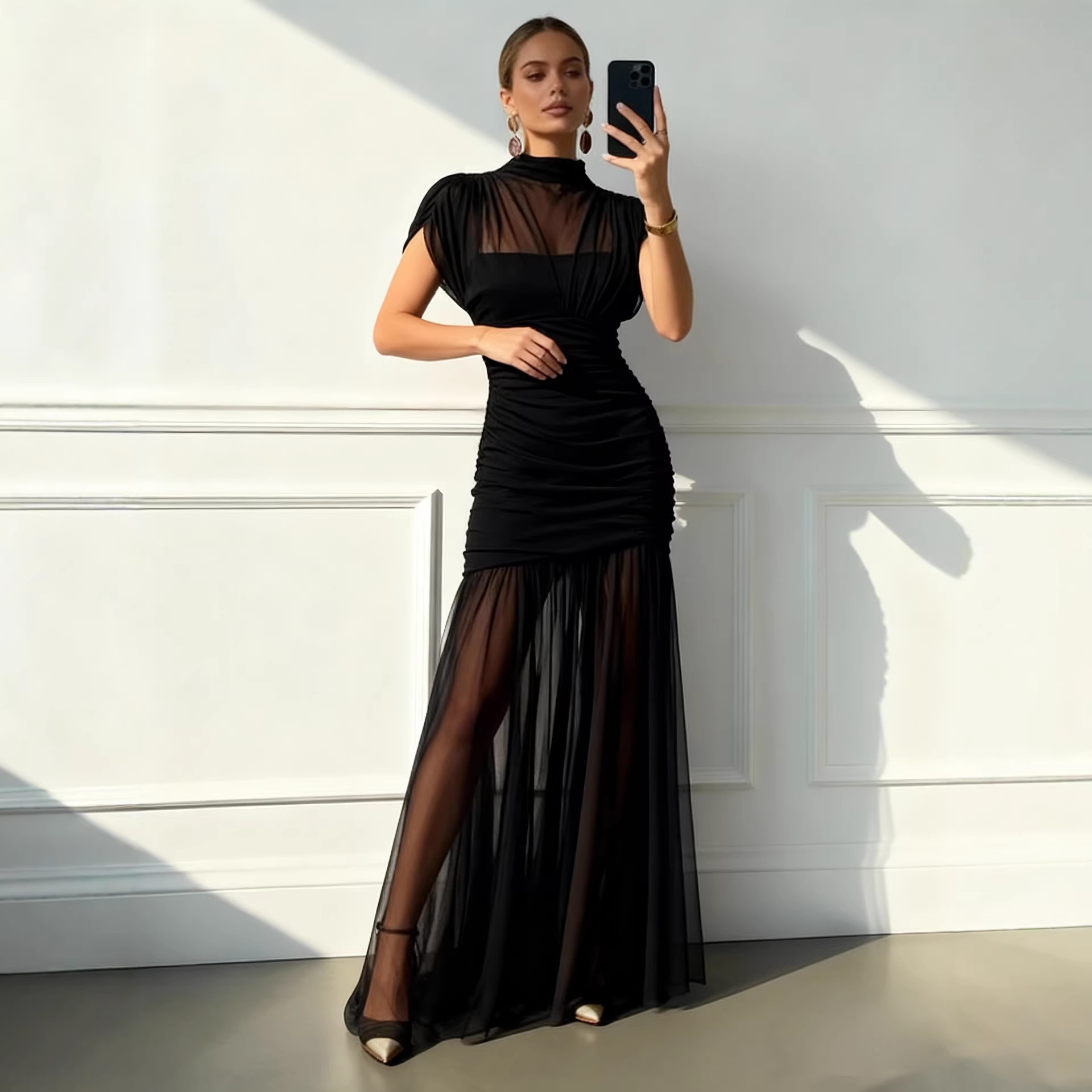 Womens Solid-color Mesh Dress