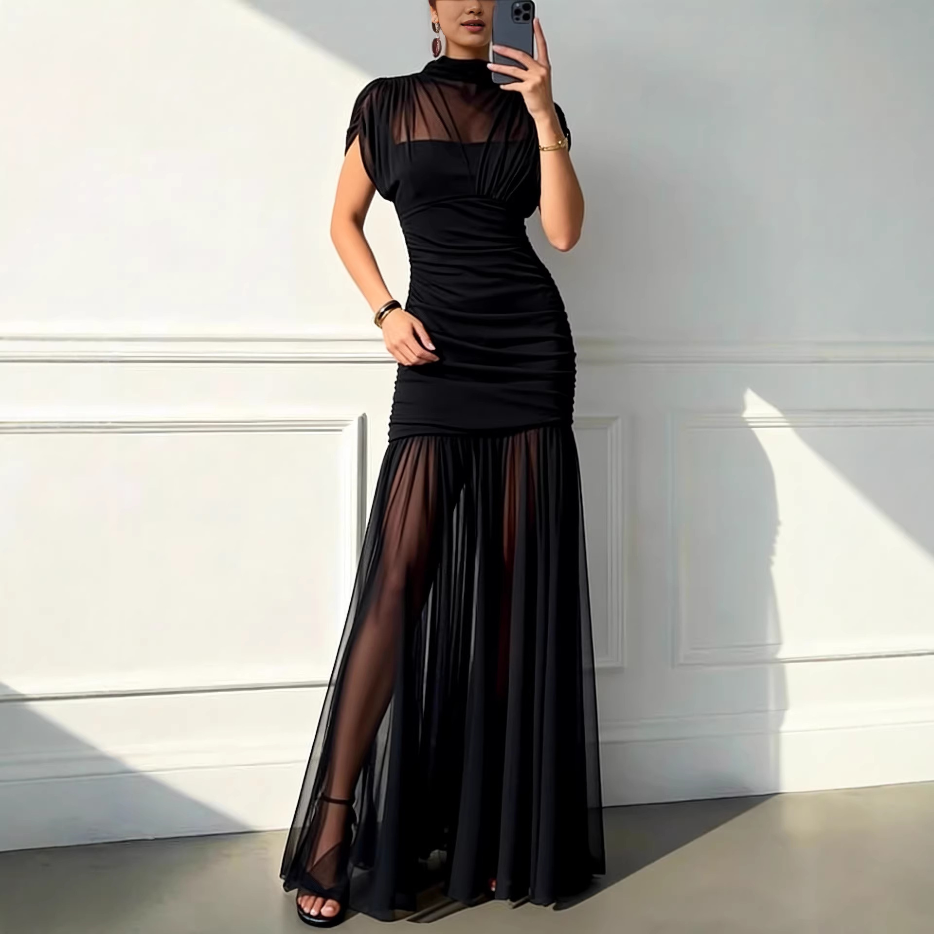 Womens Solid-color Mesh Dress