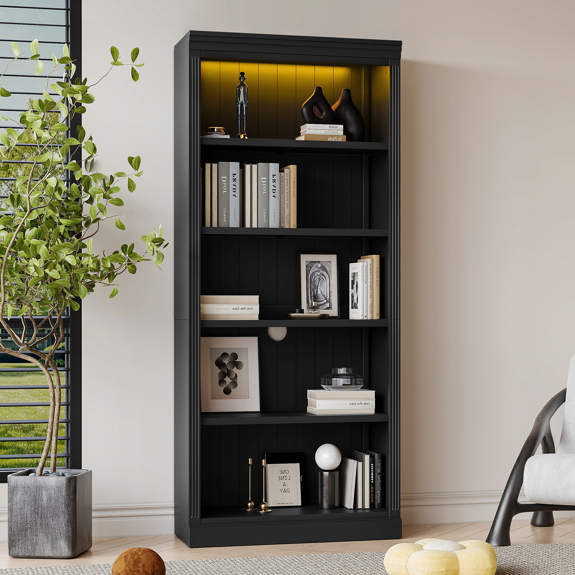 Wood Bookcase with Light Strip, 5-Tier and Adjustable