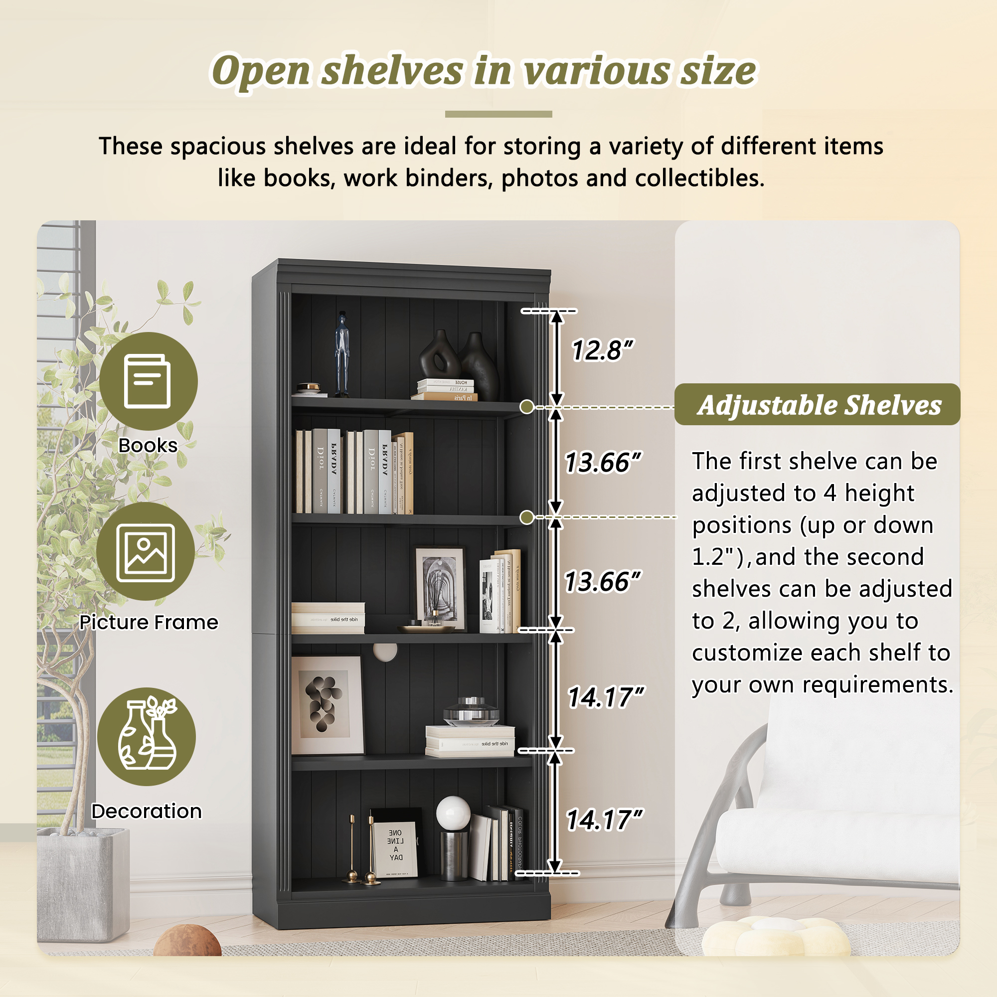Wood Bookcase with Light Strip, 5-Tier and Adjustable