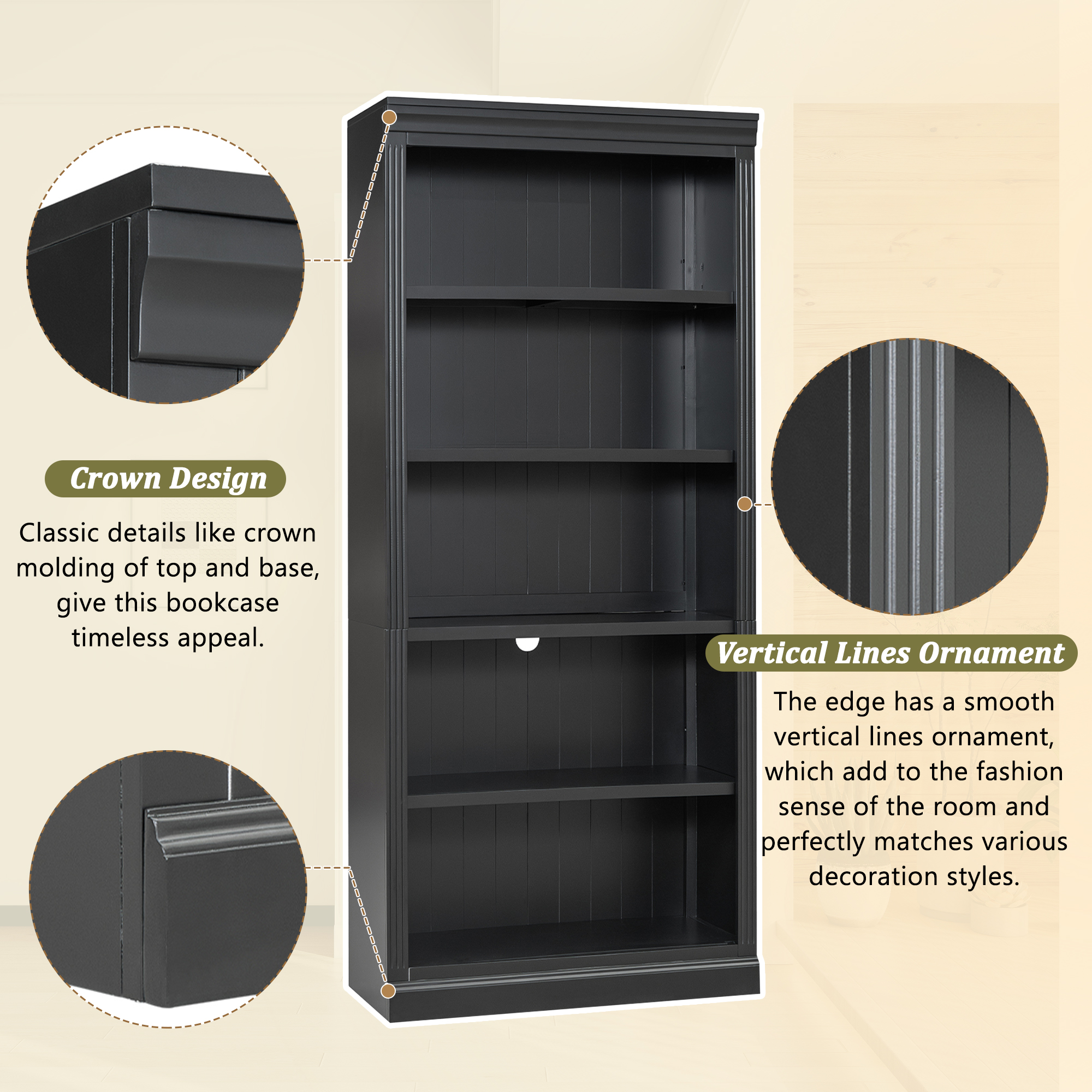 Wood Bookcase with Light Strip, 5-Tier and Adjustable