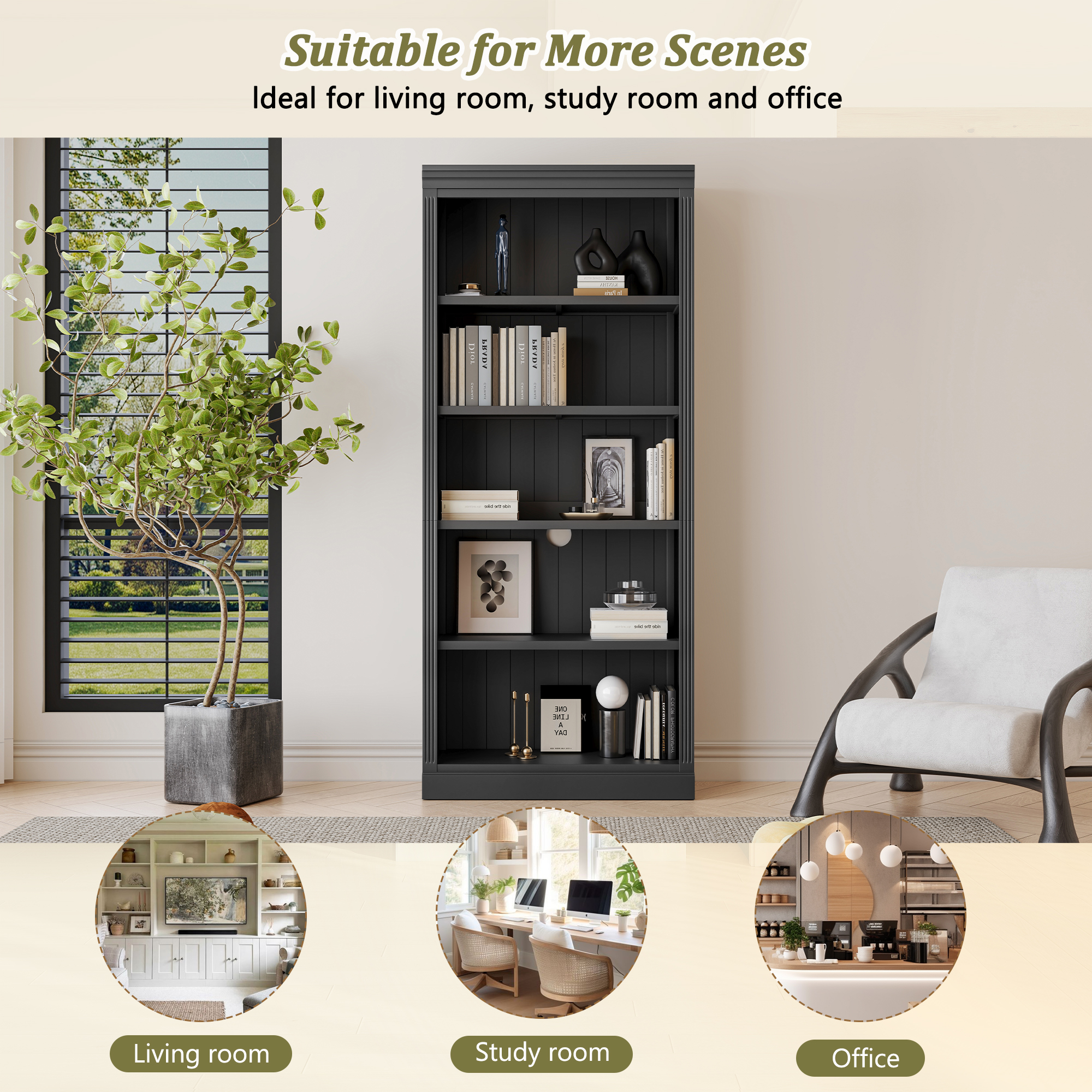 Wood Bookcase with Light Strip, 5-Tier and Adjustable