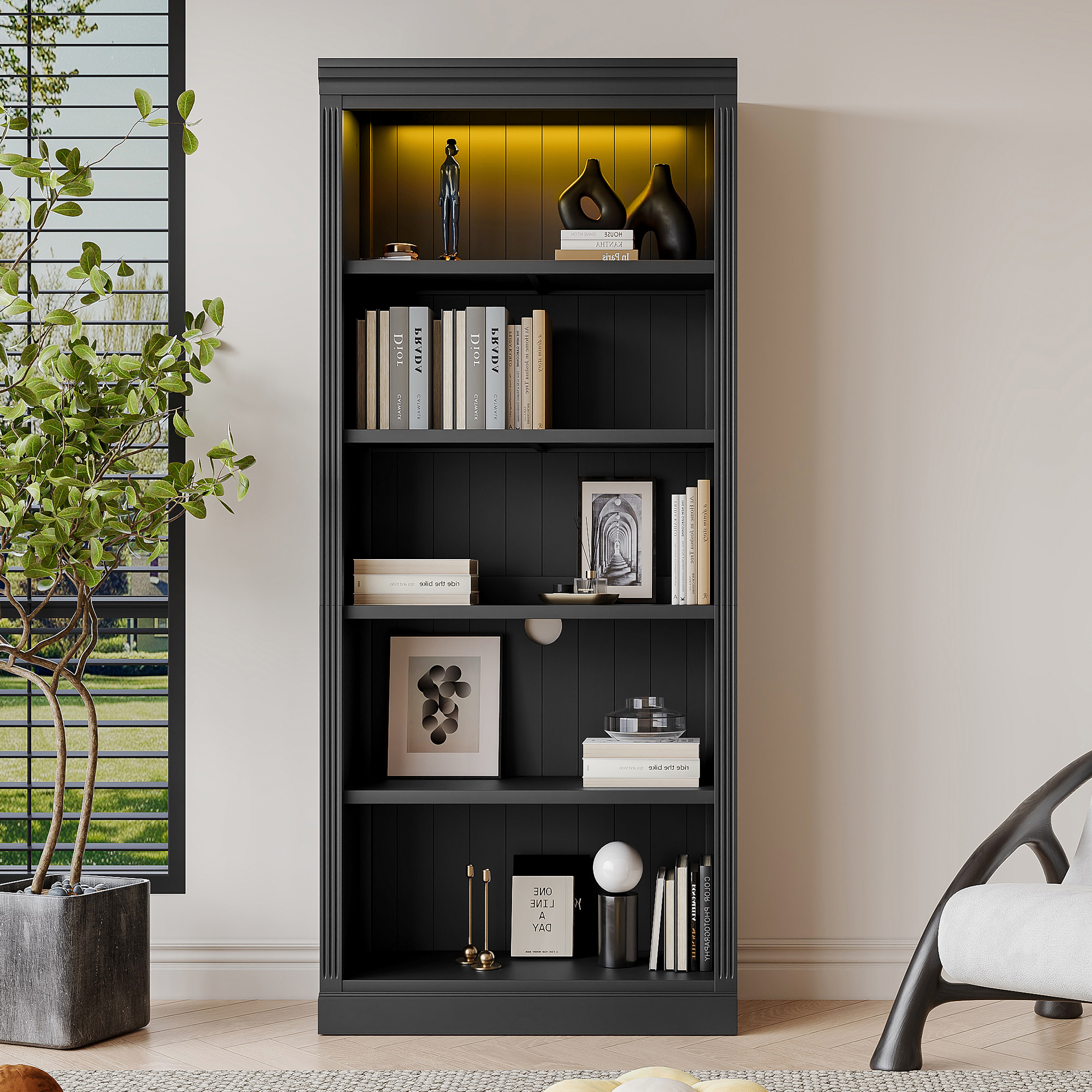 Wood Bookcase with Light Strip, 5-Tier and Adjustable