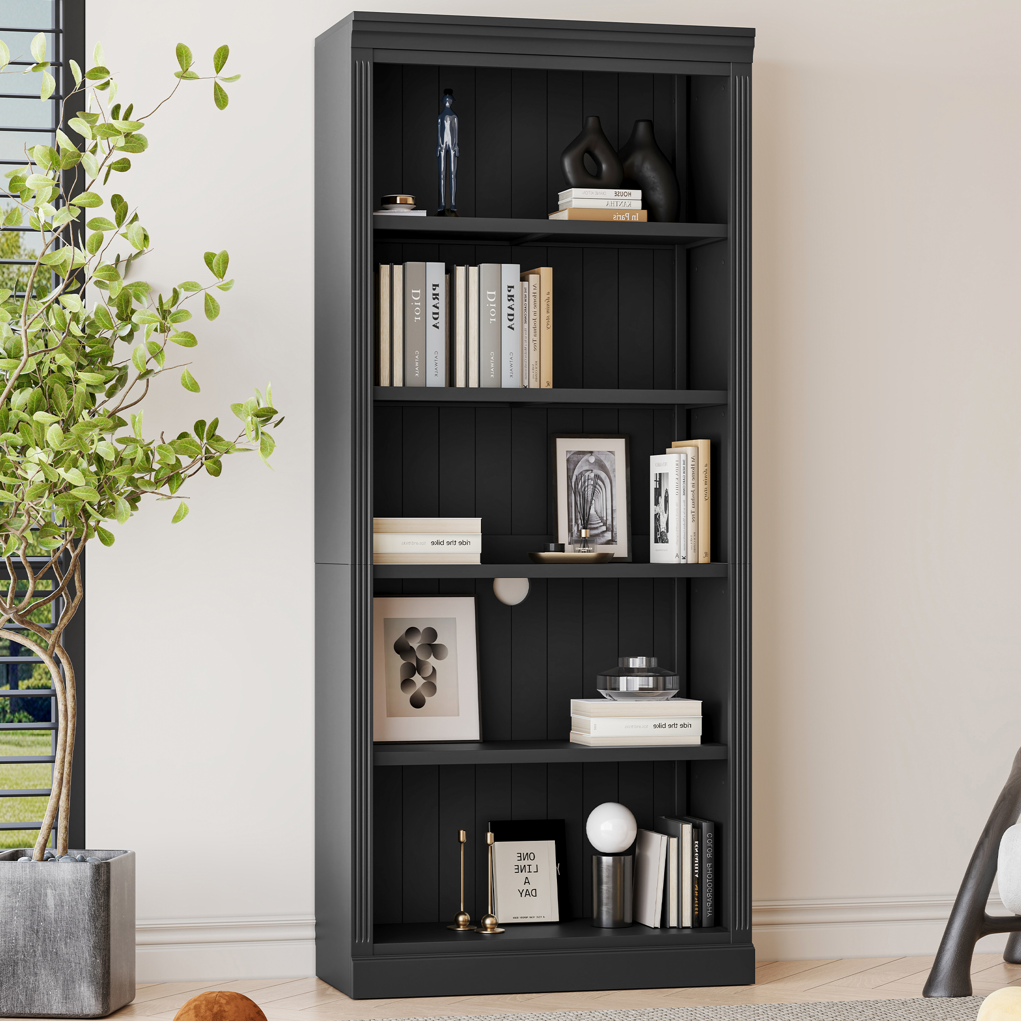 Wood Bookcase with Light Strip, 5-Tier and Adjustable