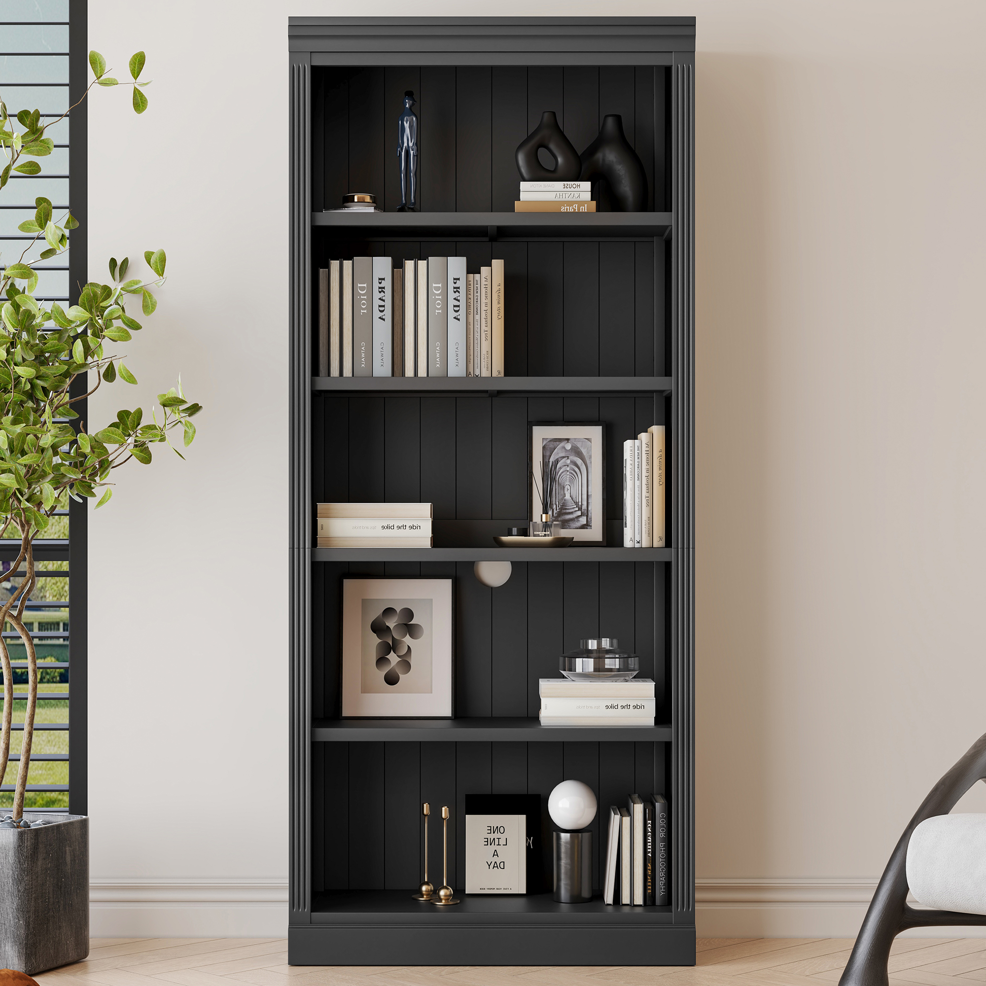 Wood Bookcase with Light Strip, 5-Tier and Adjustable