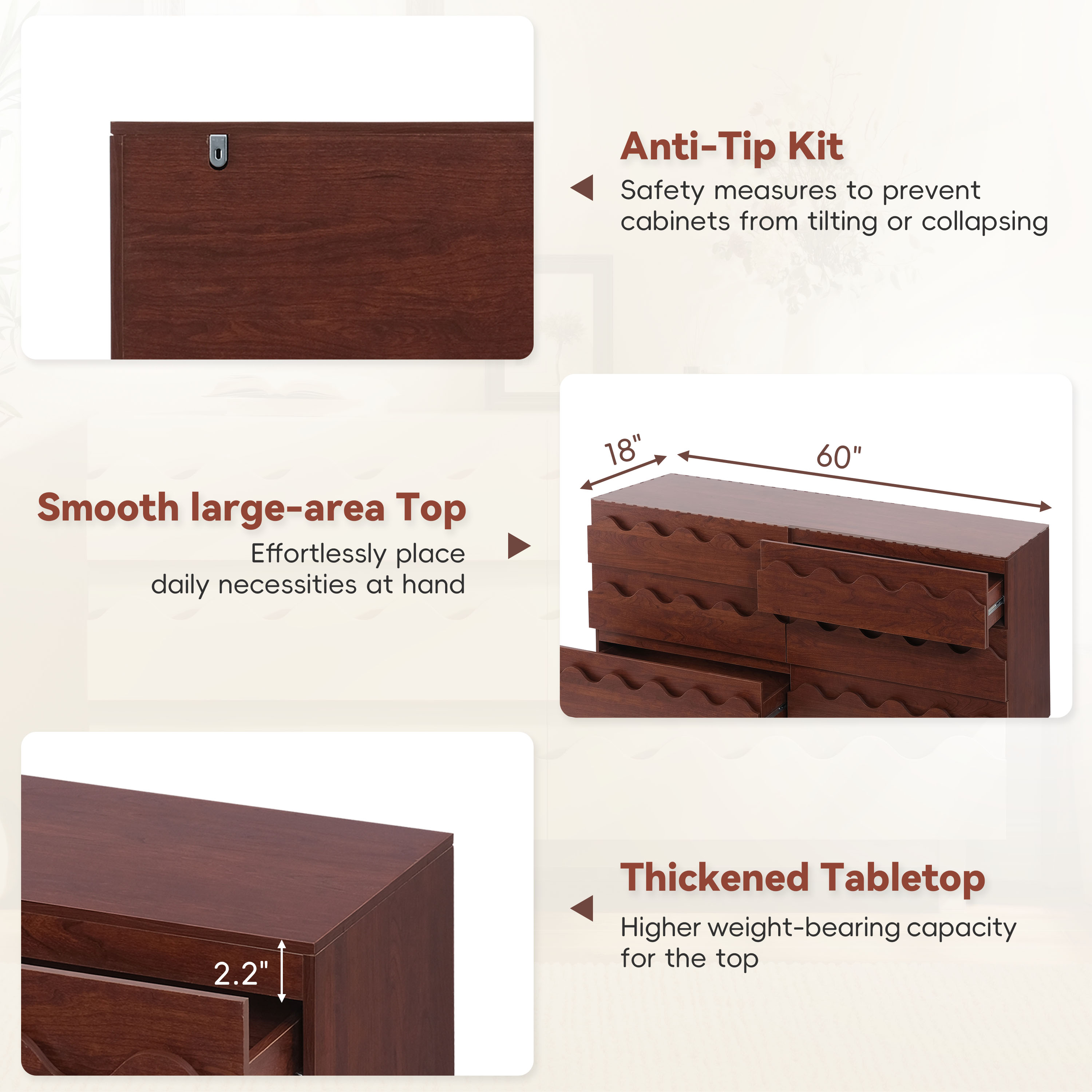 60 Length 6 Drawer Dresser With Wave Front