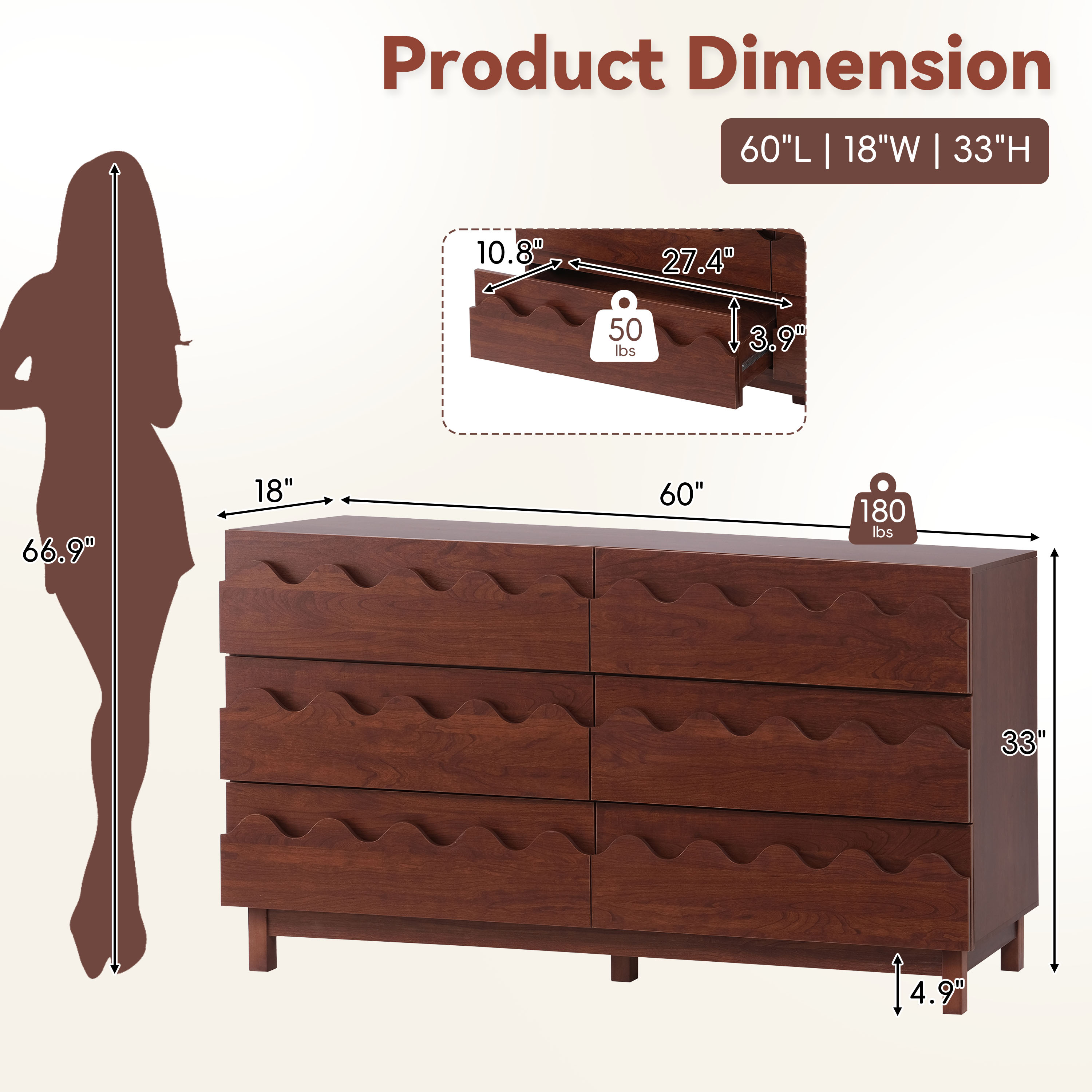 60 Length 6 Drawer Dresser With Wave Front