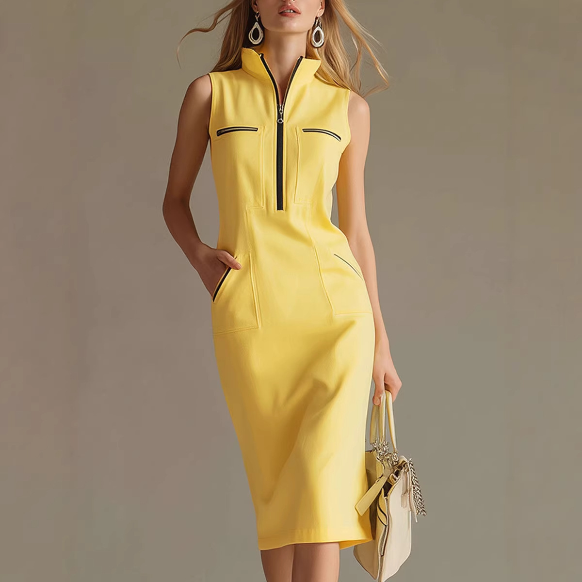 Midi Dress Contrast-color Stand-collar Women