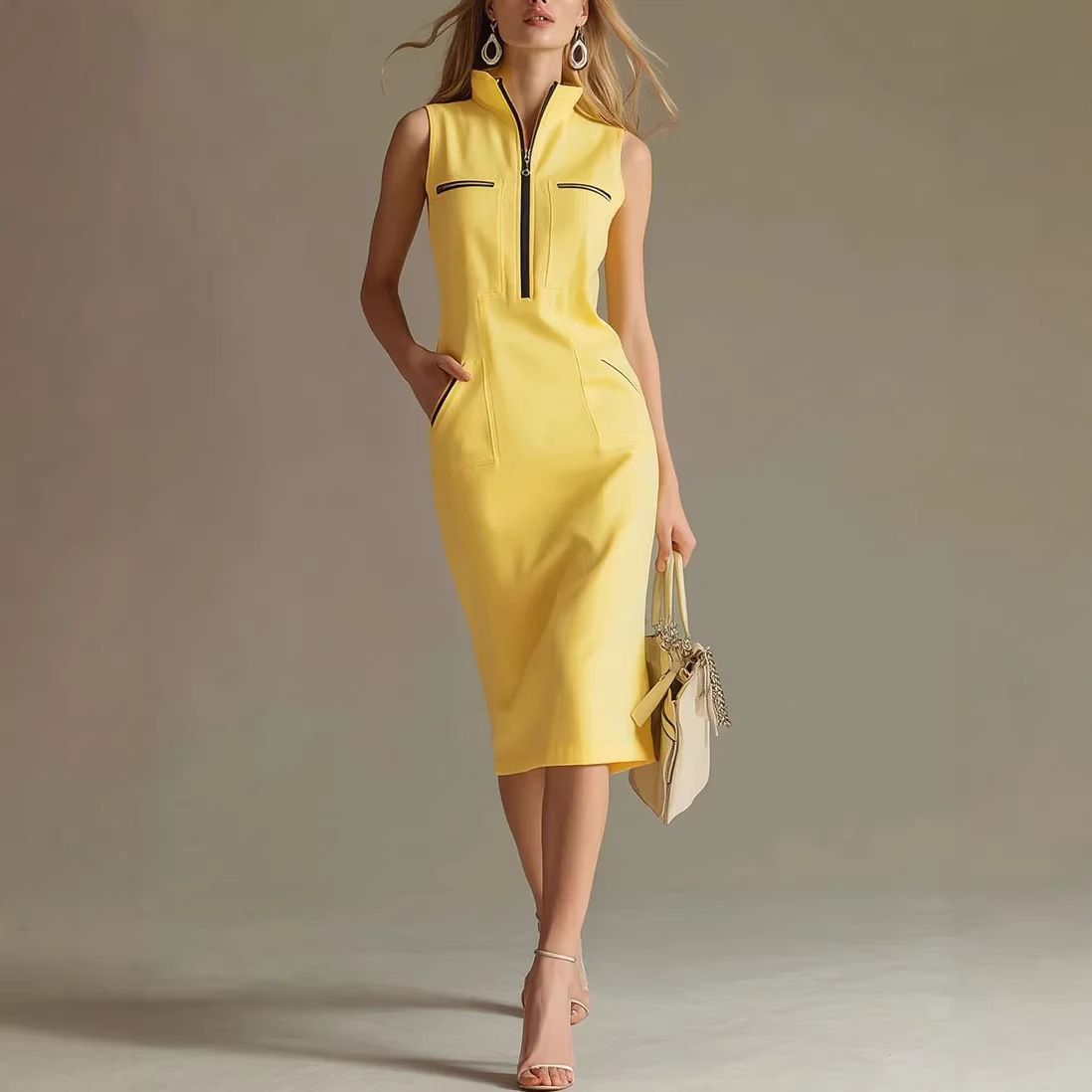 Midi Dress Contrast-color Stand-collar Women