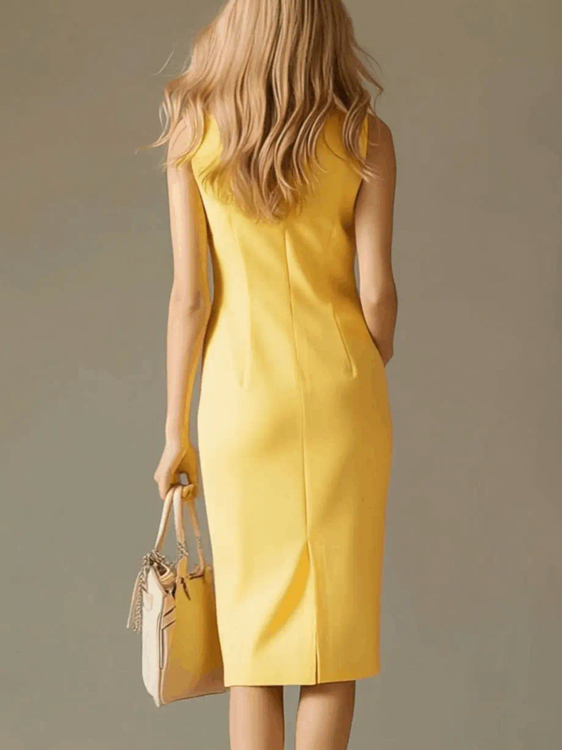 Midi Dress Contrast-color Stand-collar Women