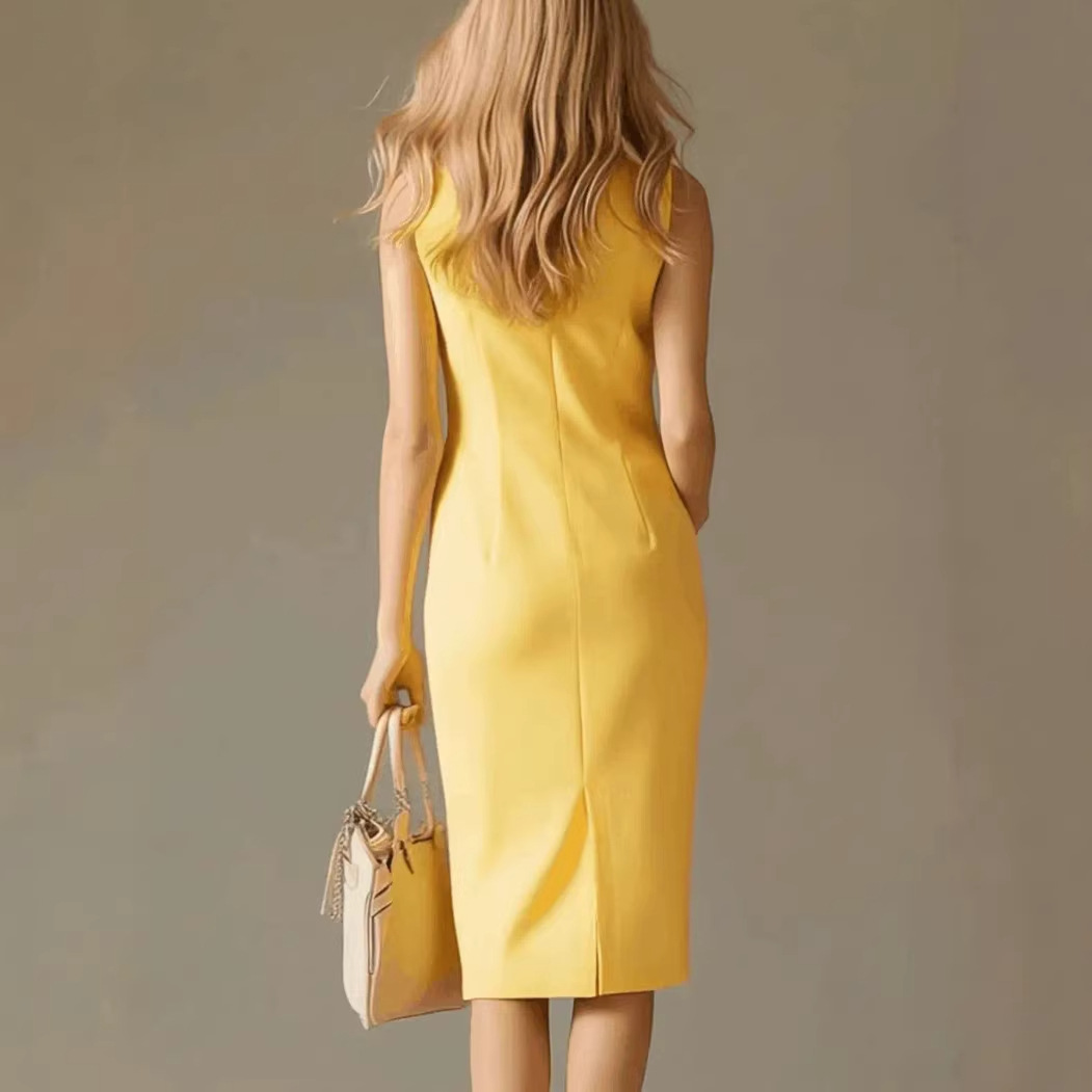 Midi Dress Contrast-color Stand-collar Women