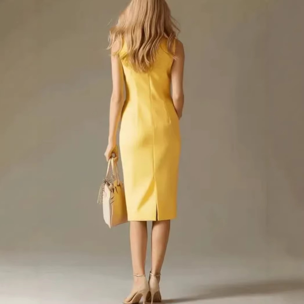 Midi Dress Contrast-color Stand-collar Women