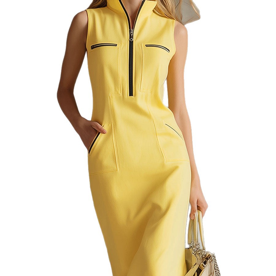 Midi Dress Contrast-color Stand-collar Women