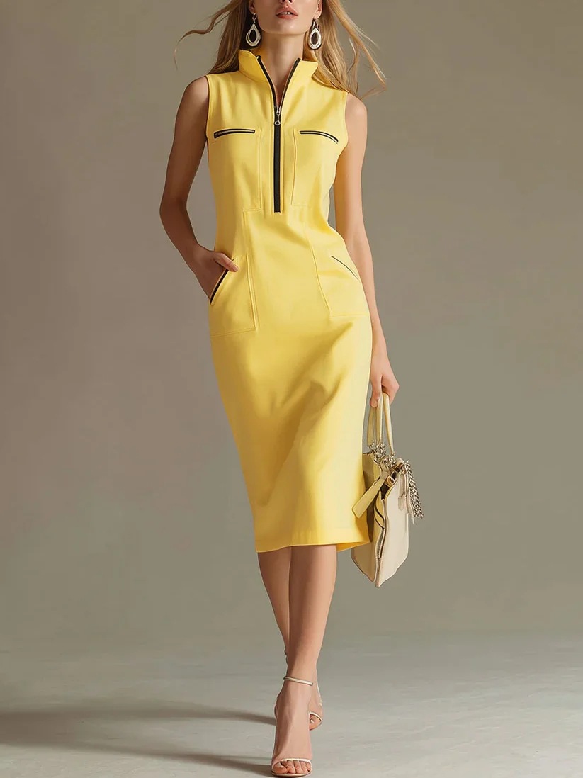 Midi Dress Contrast-color Stand-collar Women