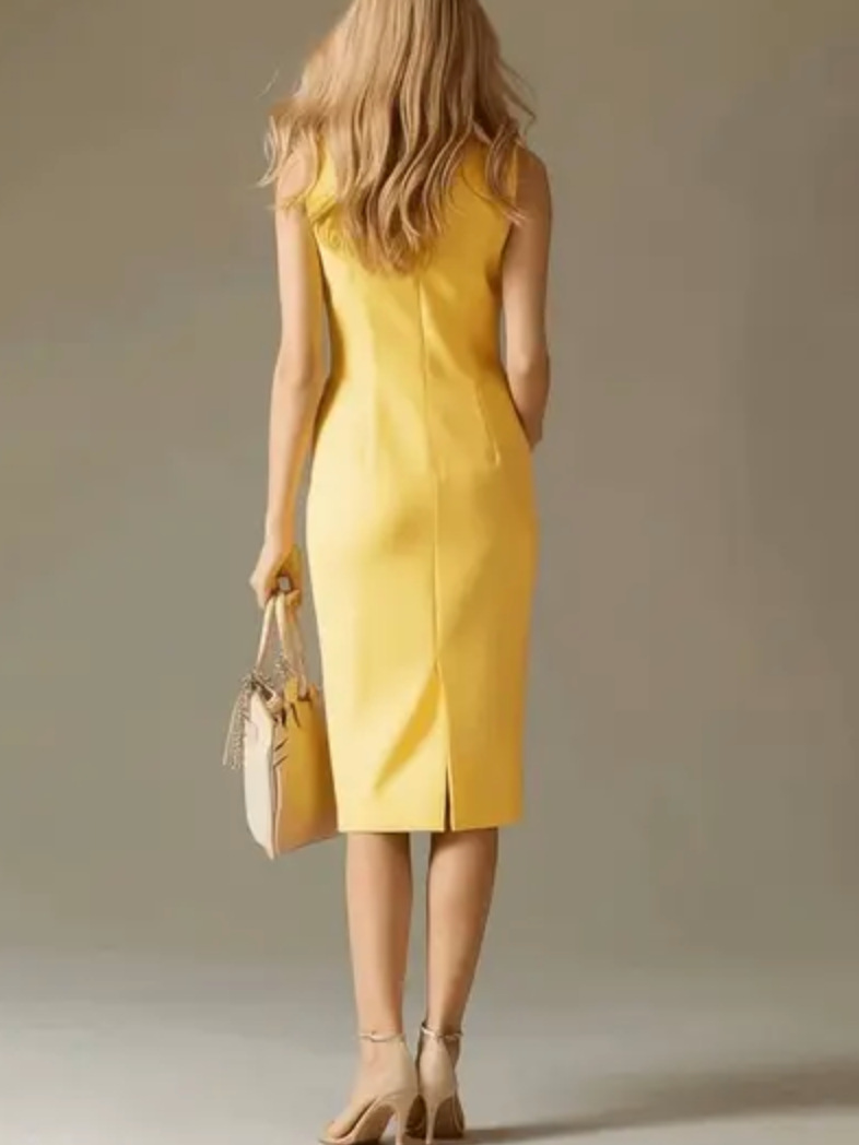 Midi Dress Contrast-color Stand-collar Women