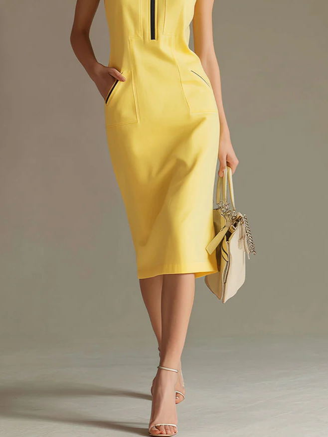 Midi Dress Contrast-color Stand-collar Women