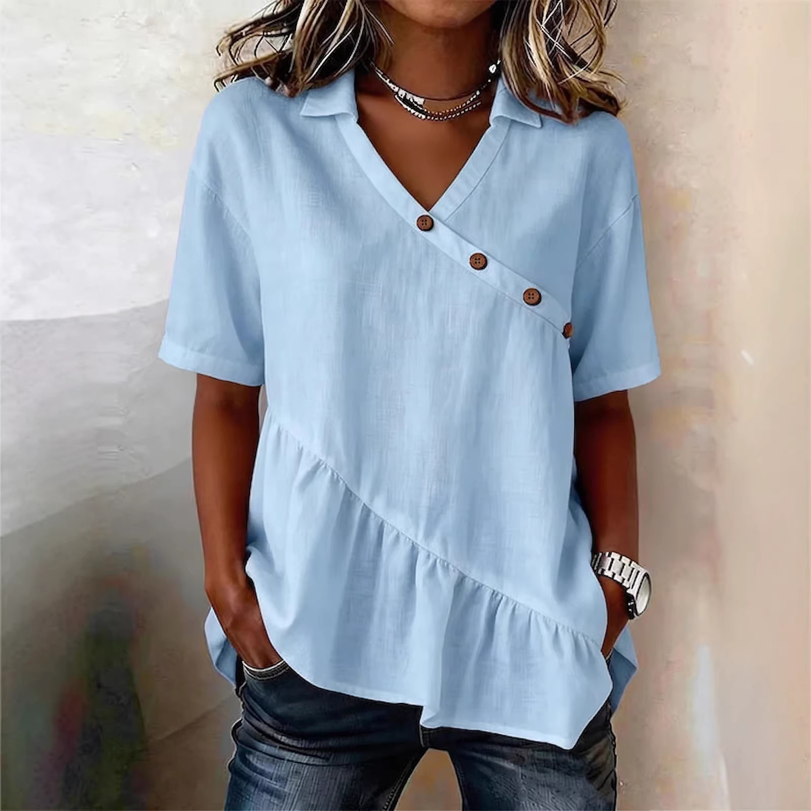 Womens Top Boat-Neckline Short-Sleeve
