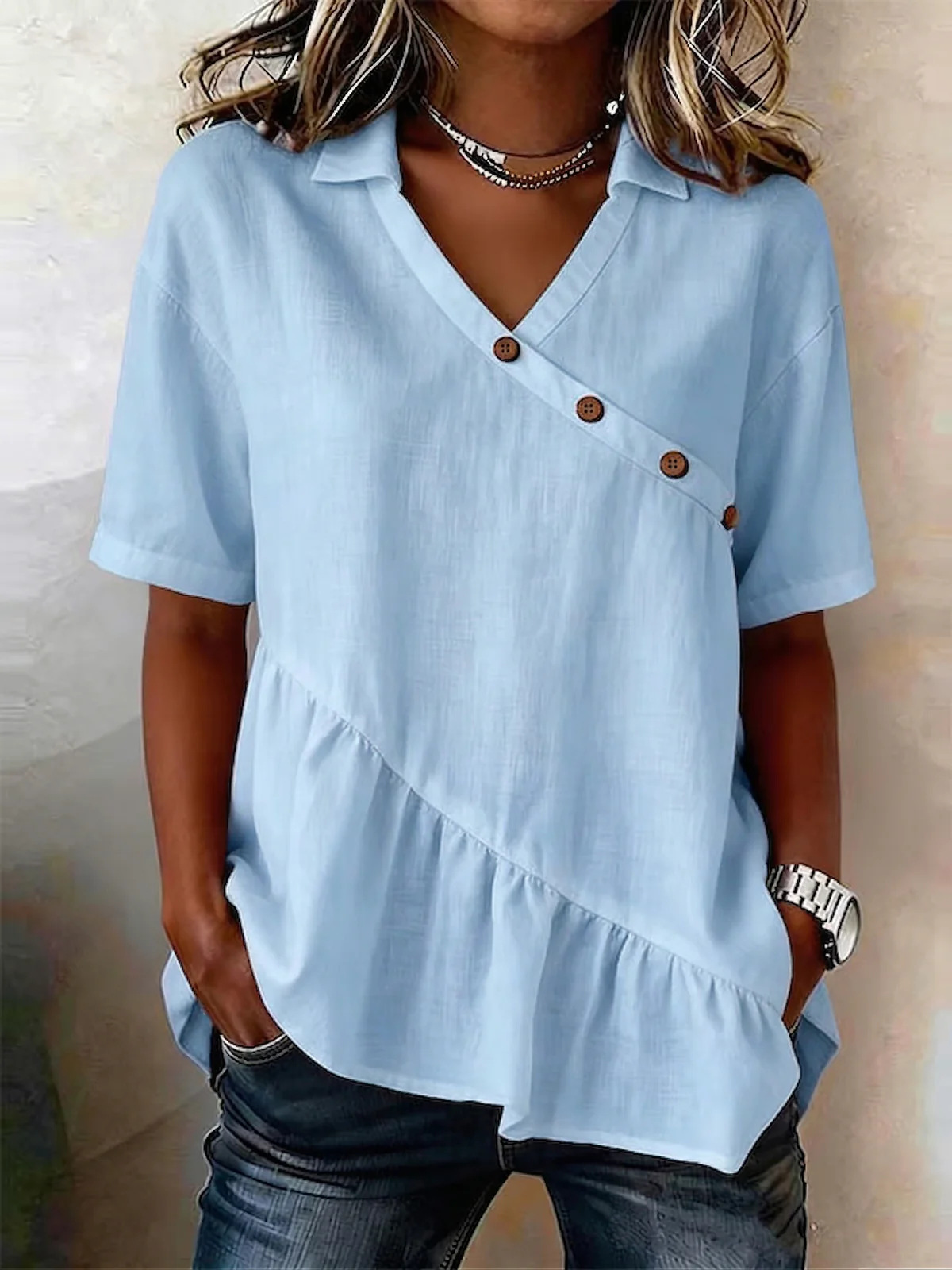 Womens Top Boat-Neckline Short-Sleeve