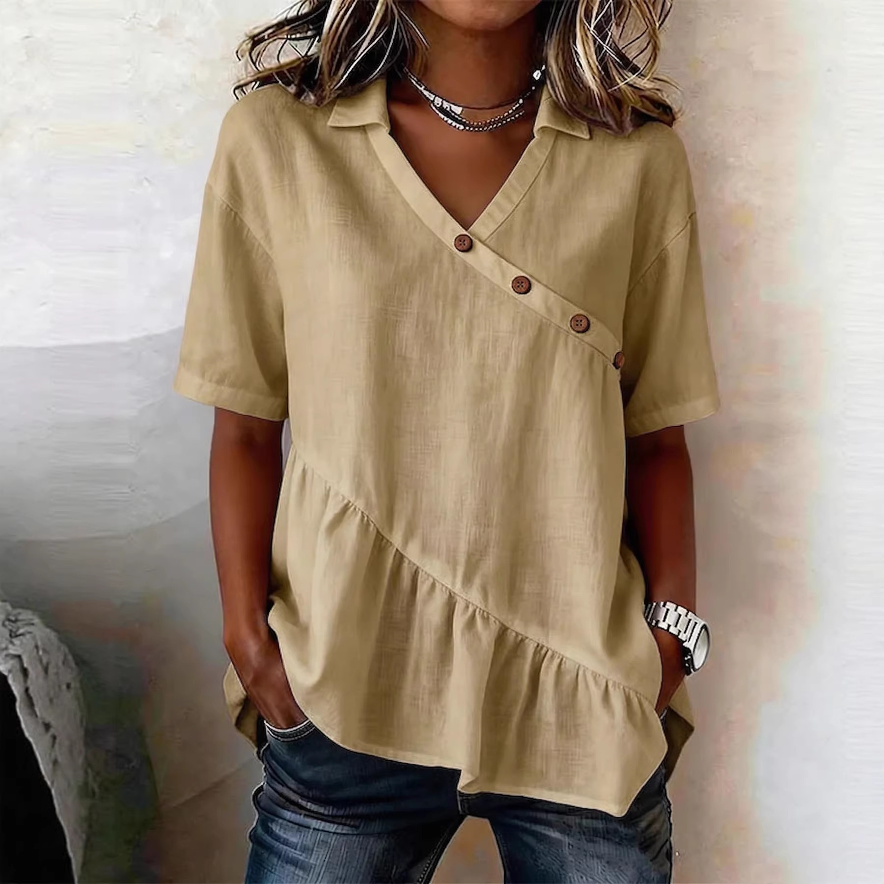 Womens Top Boat-Neckline Short-Sleeve