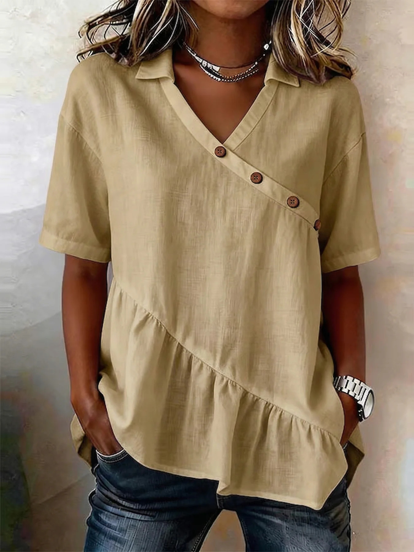 Womens Top Boat-Neckline Short-Sleeve