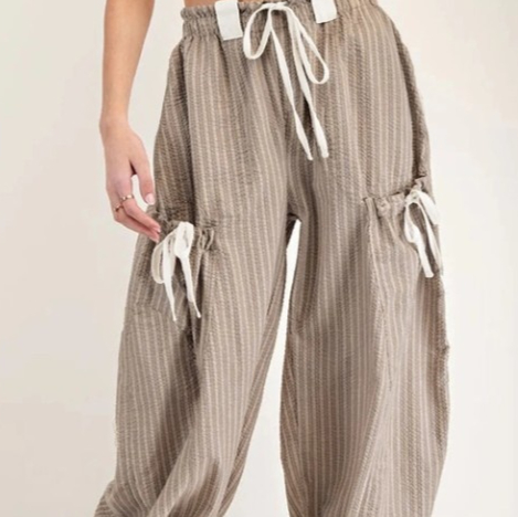 Brown Striped Drawstring Cargo With Pockets Jogger Pants