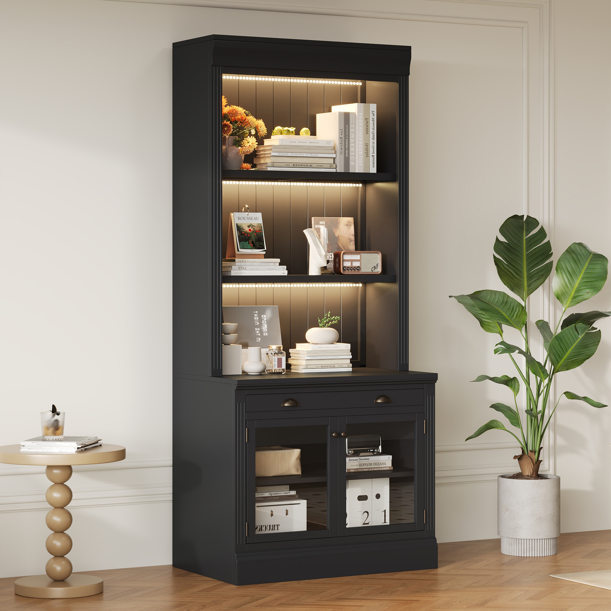 83.4 Tall Bookshelf With LED Lighting And Glass