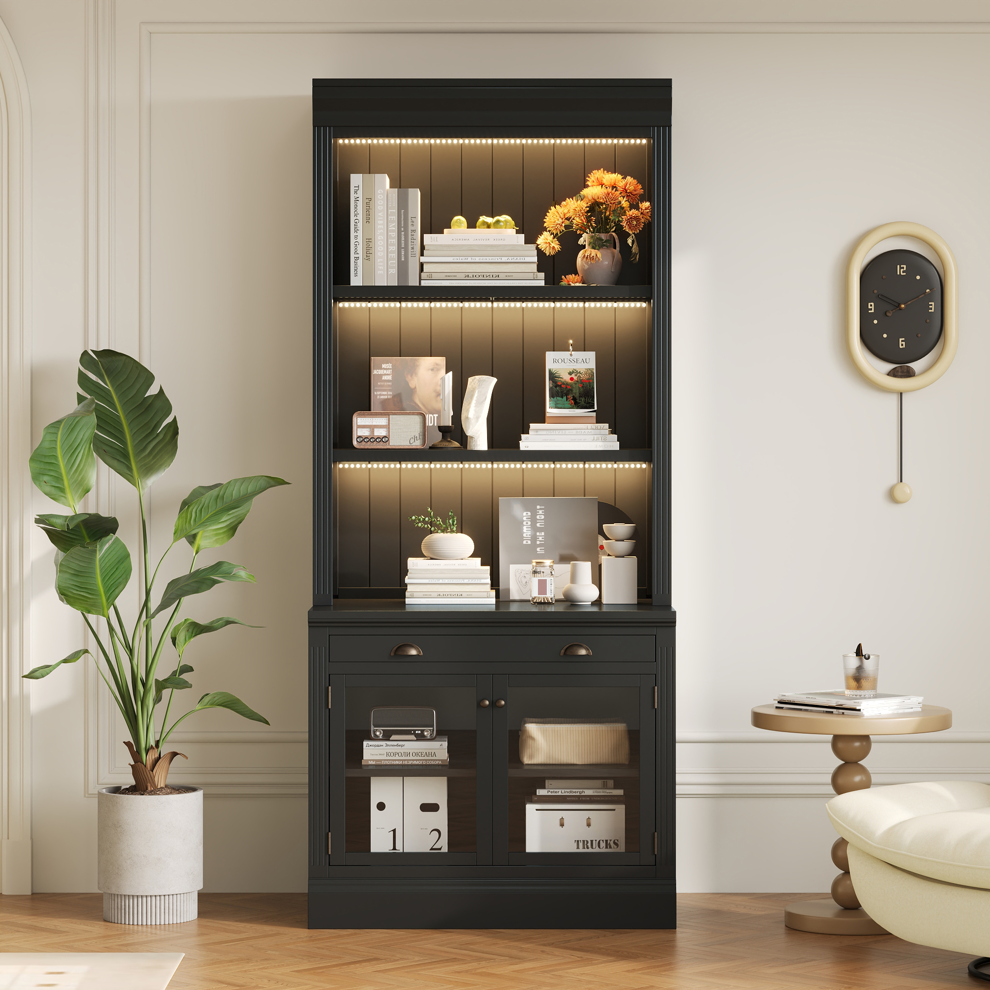 83.4 Tall Bookshelf With LED Lighting And Glass