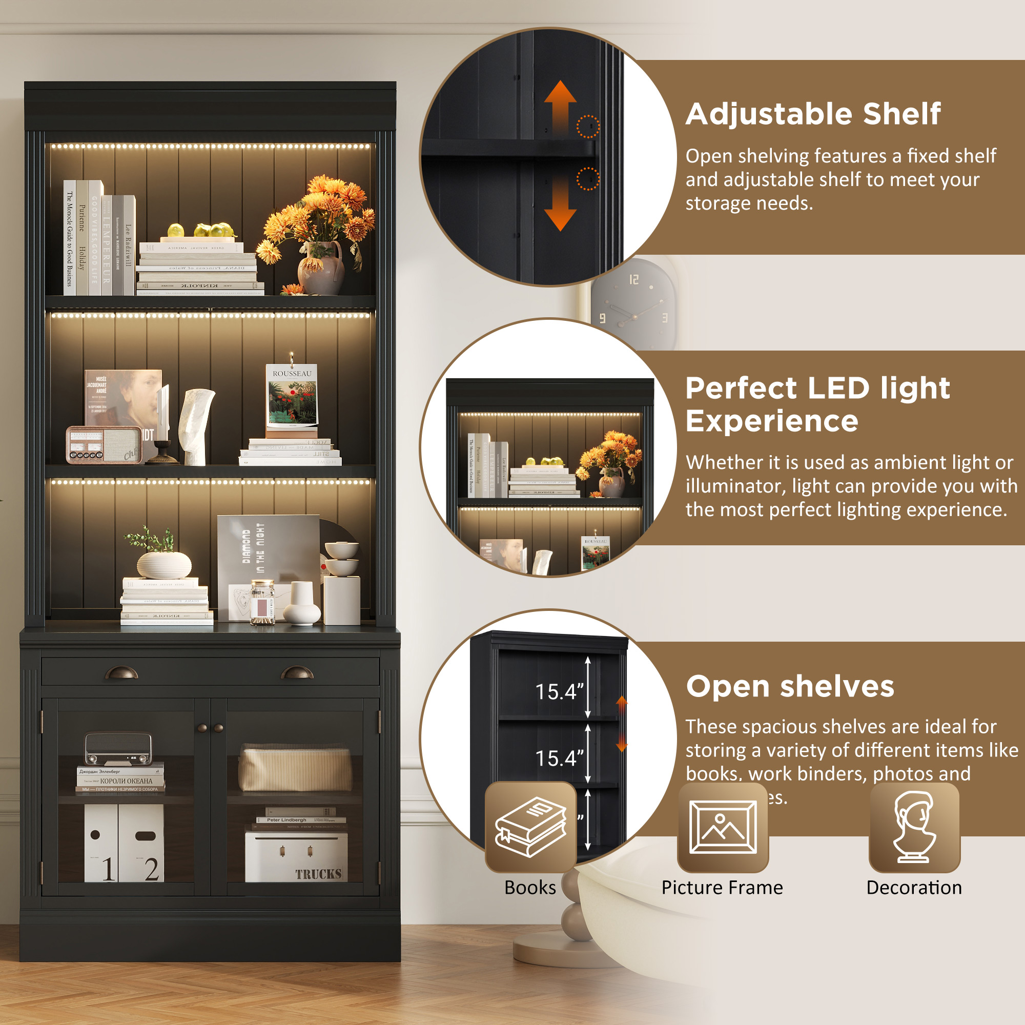 83.4 Tall Bookshelf With LED Lighting And Glass