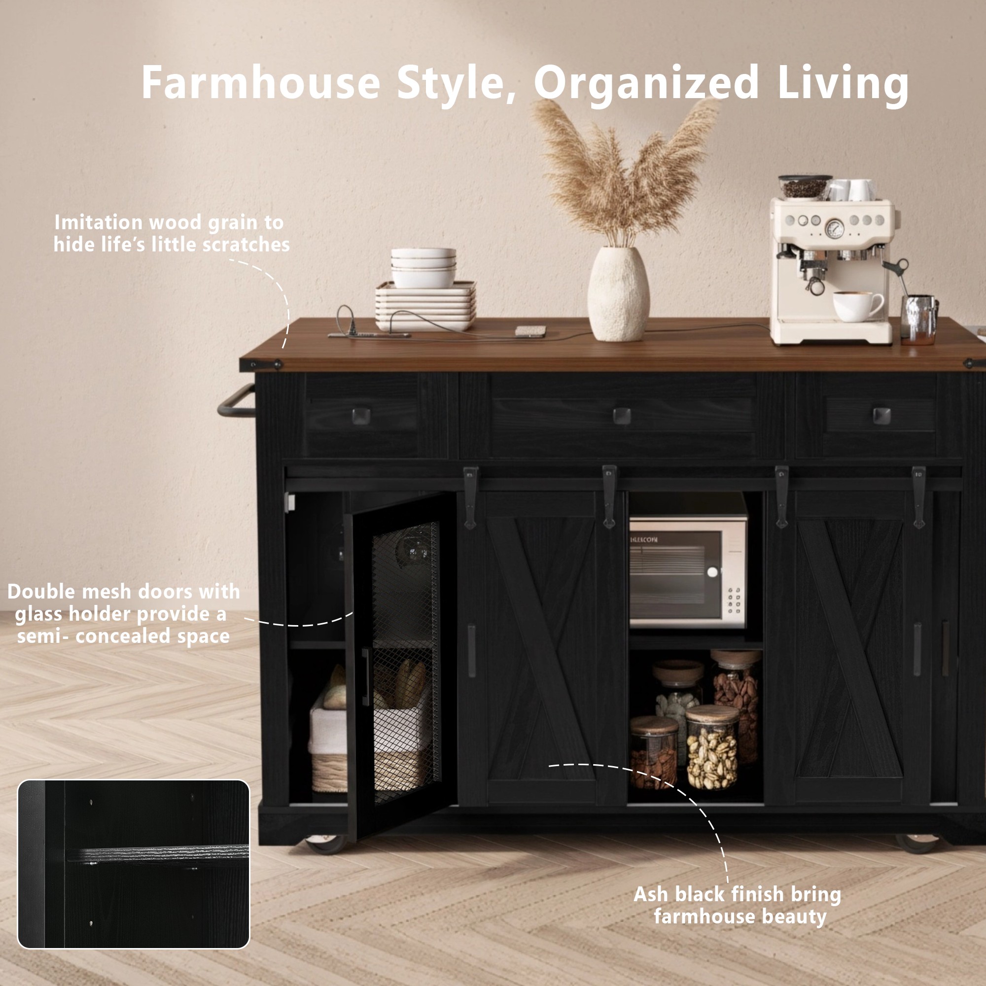 K&K Farmhouse Kitchen Island Storage