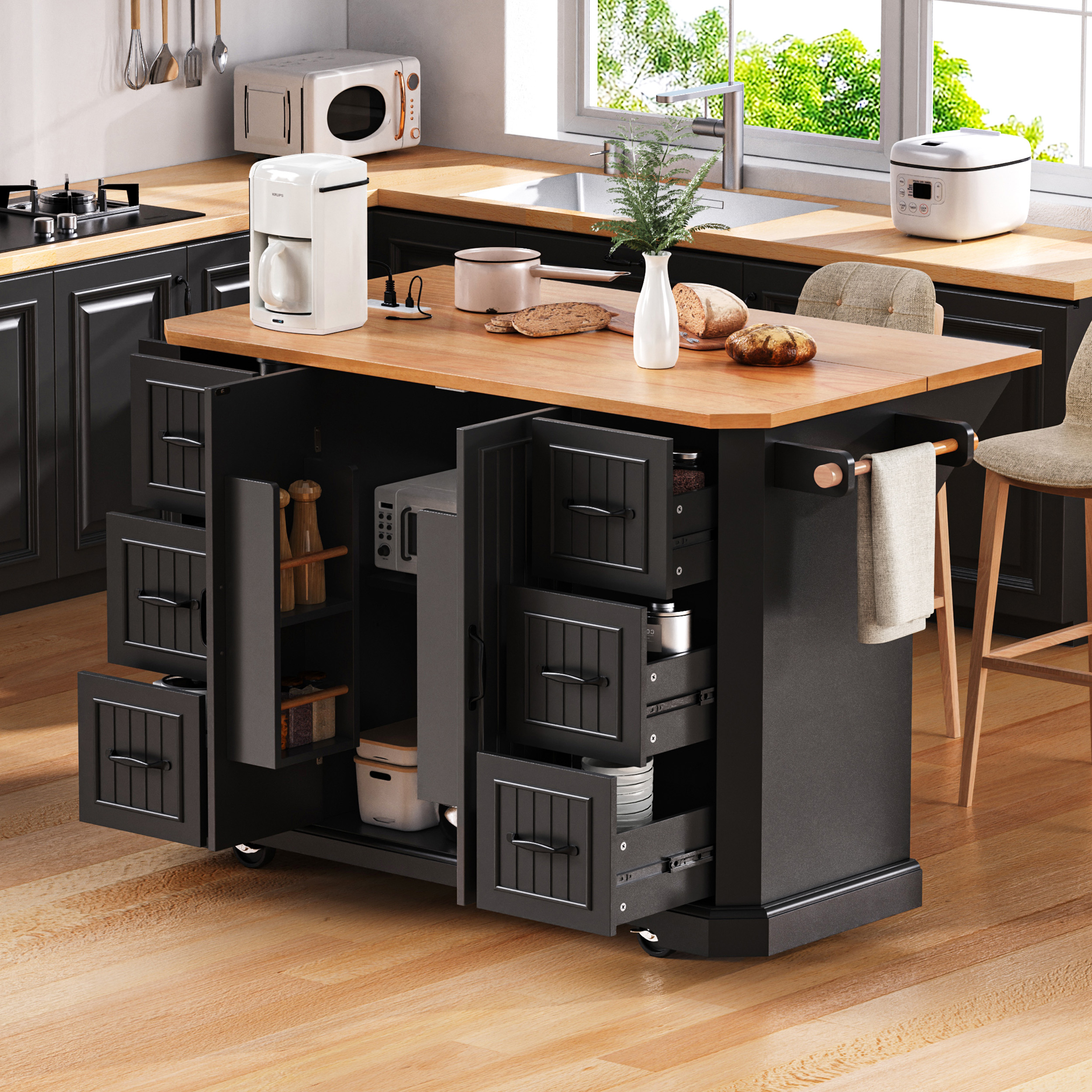 K&K Kitchen Island Rubber Wood Veneer Black