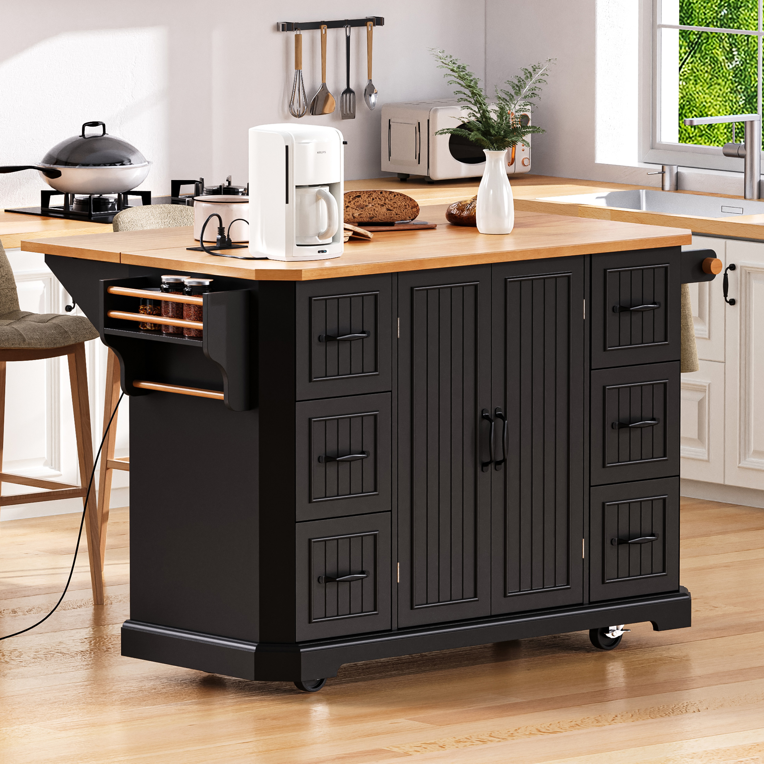 K&K Kitchen Island Rubber Wood Veneer Black