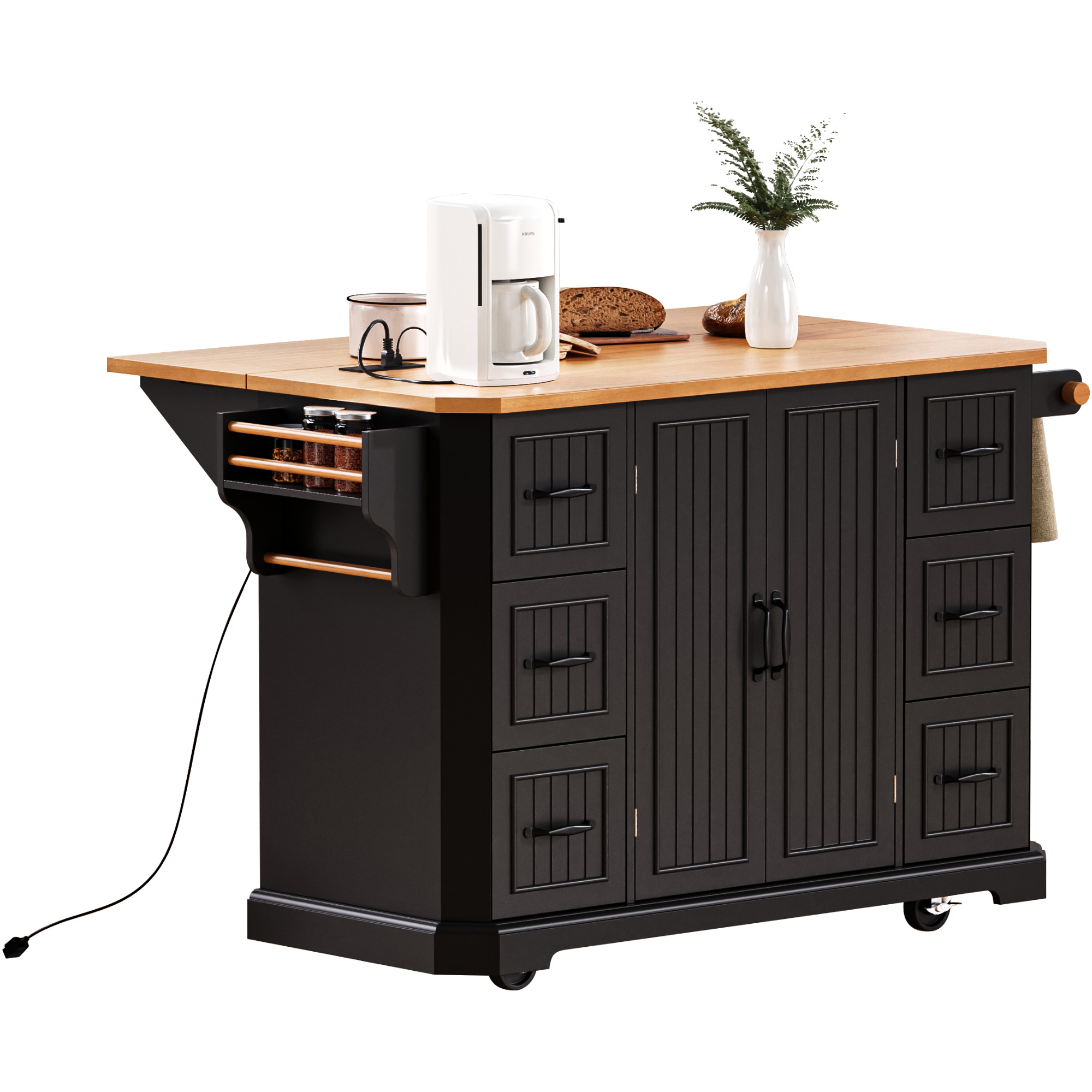 K&K Kitchen Island Rubber Wood Veneer Black