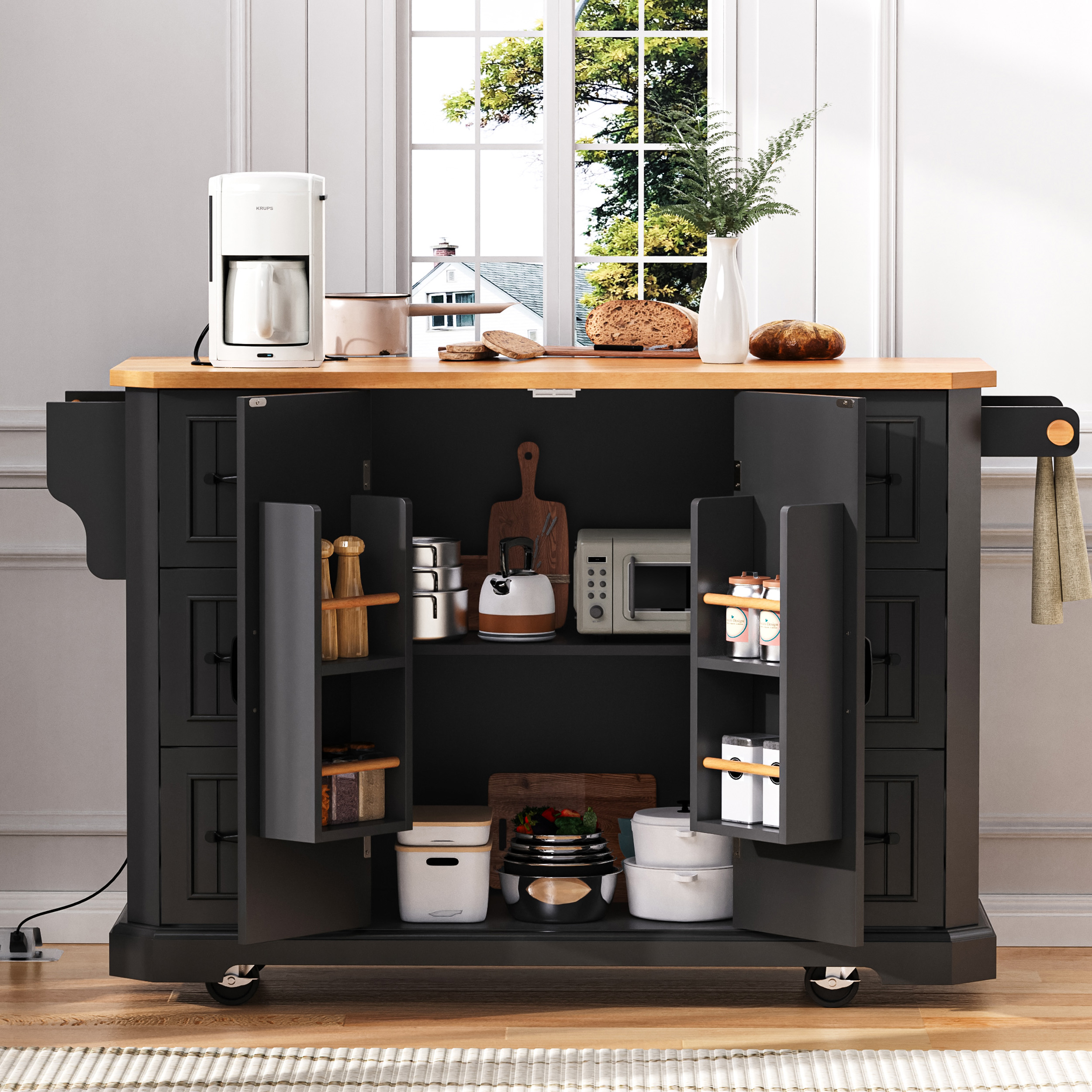 K&K Kitchen Island Rubber Wood Veneer Black