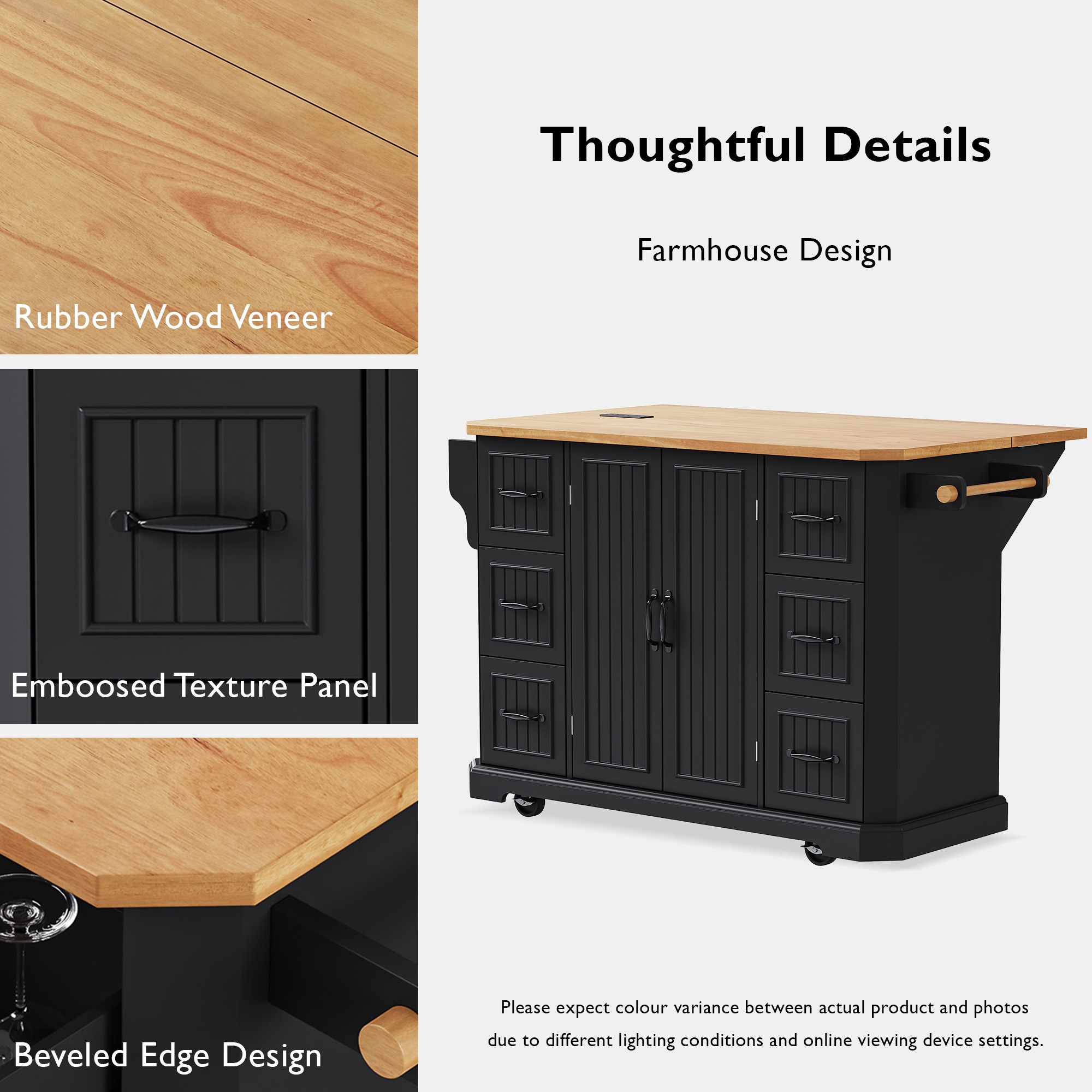 K&K Kitchen Island Rubber Wood Veneer Black