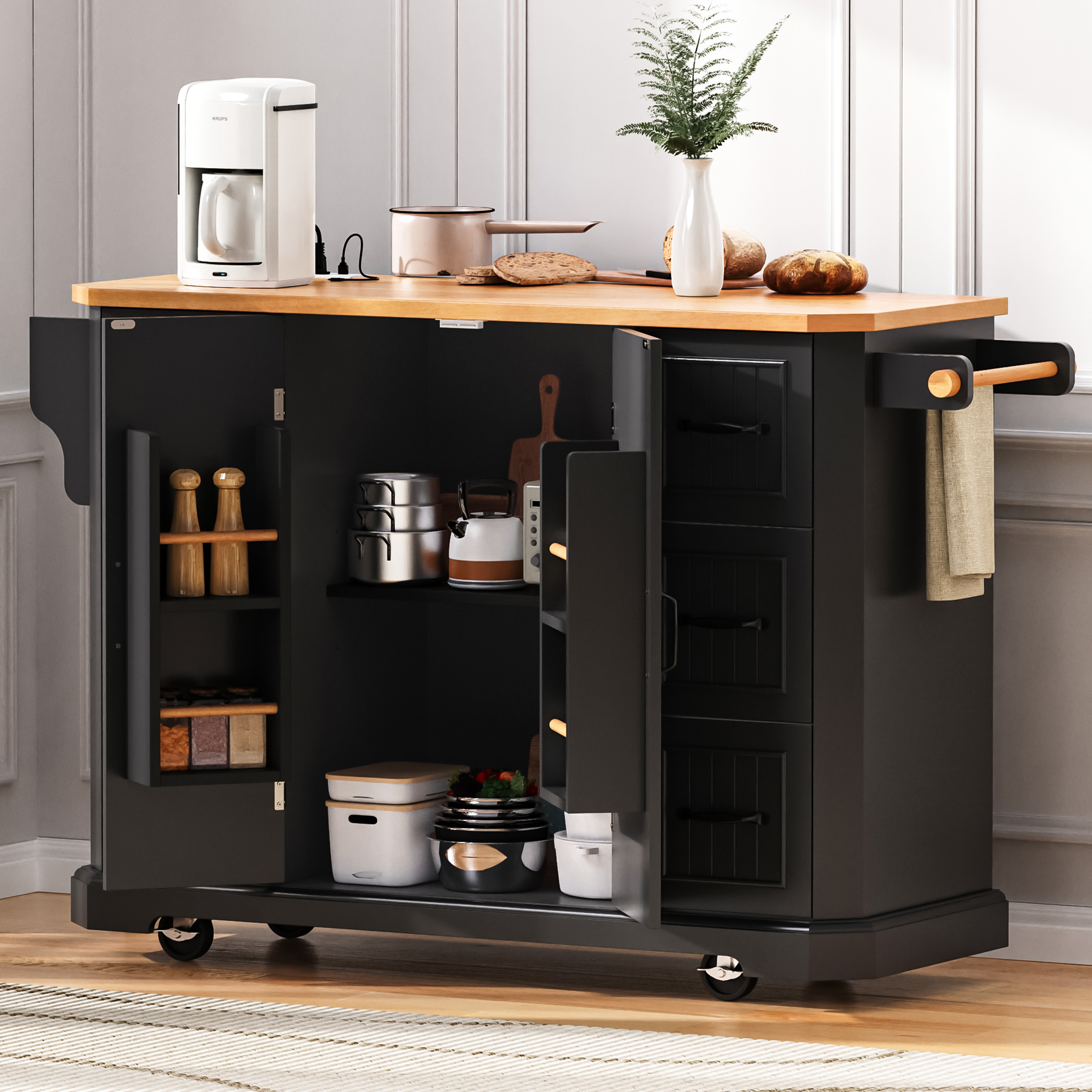 K&K Kitchen Island Rubber Wood Veneer Black