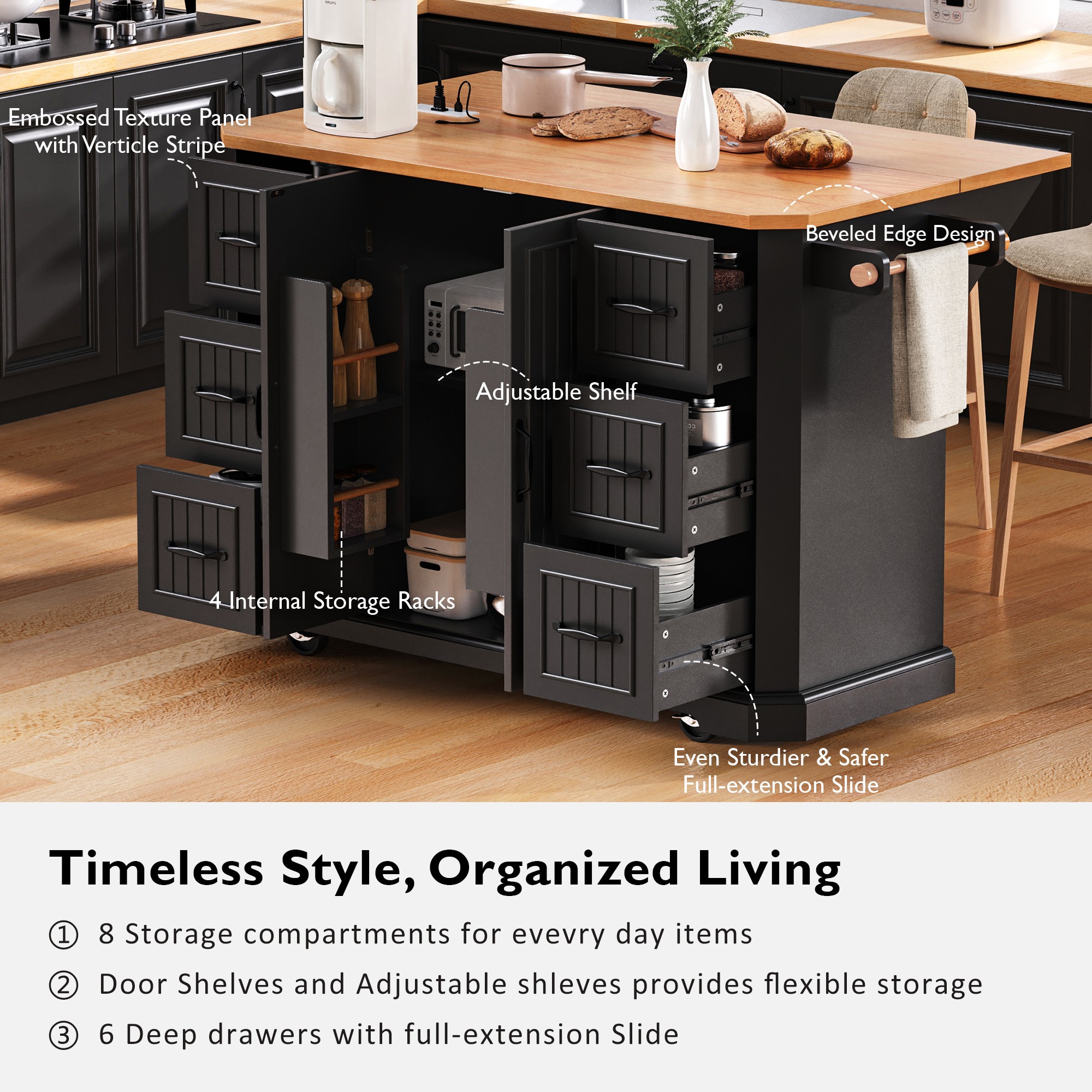 K&K Kitchen Island Rubber Wood Veneer Black