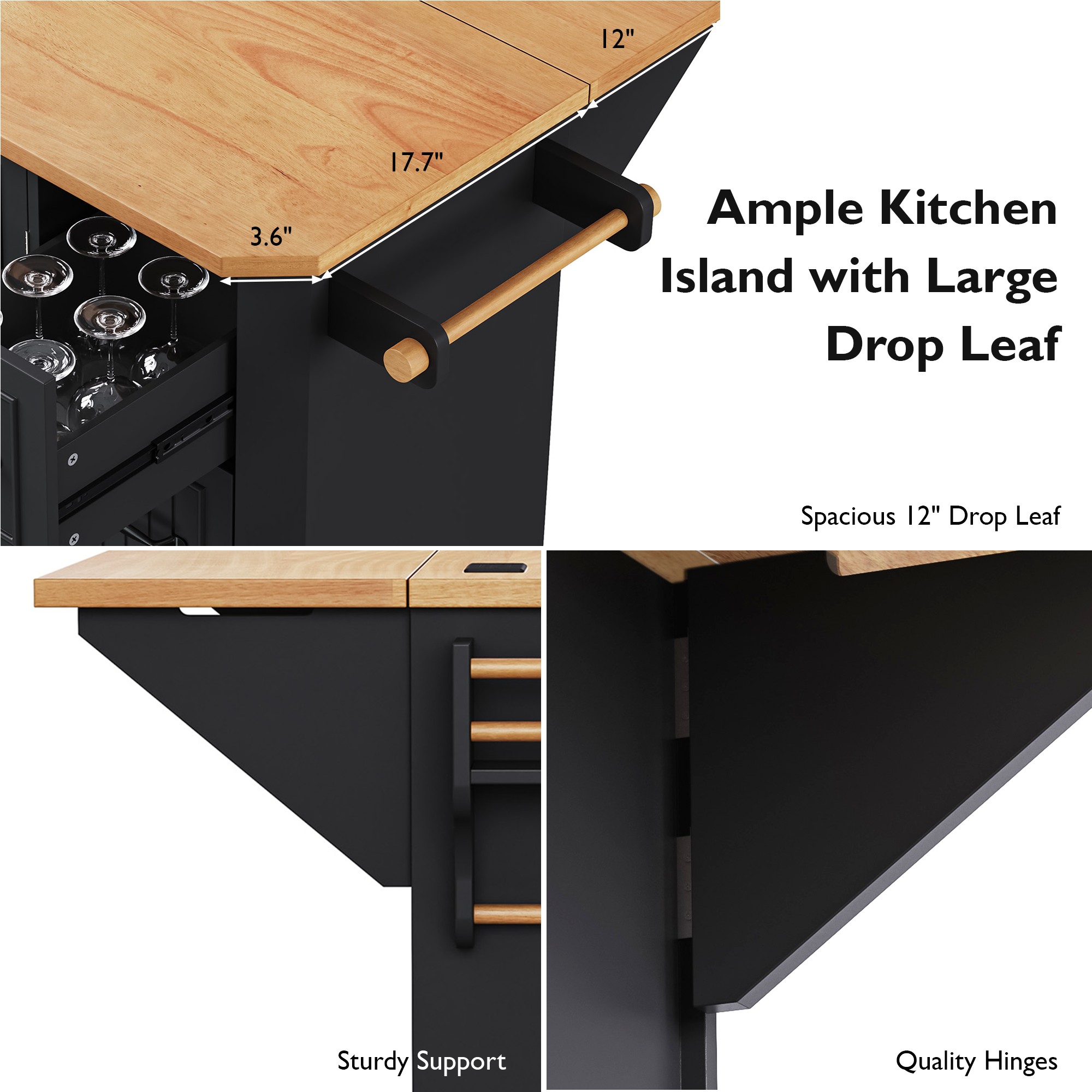 K&K Kitchen Island Rubber Wood Veneer Black
