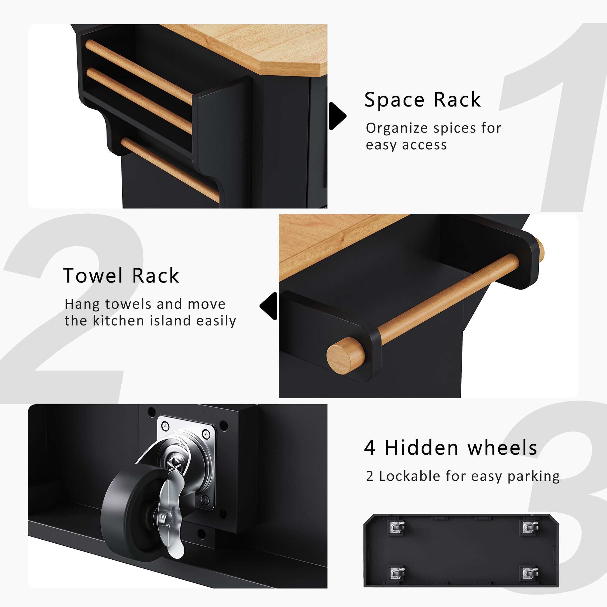 K&K Kitchen Island Rubber Wood Veneer Black