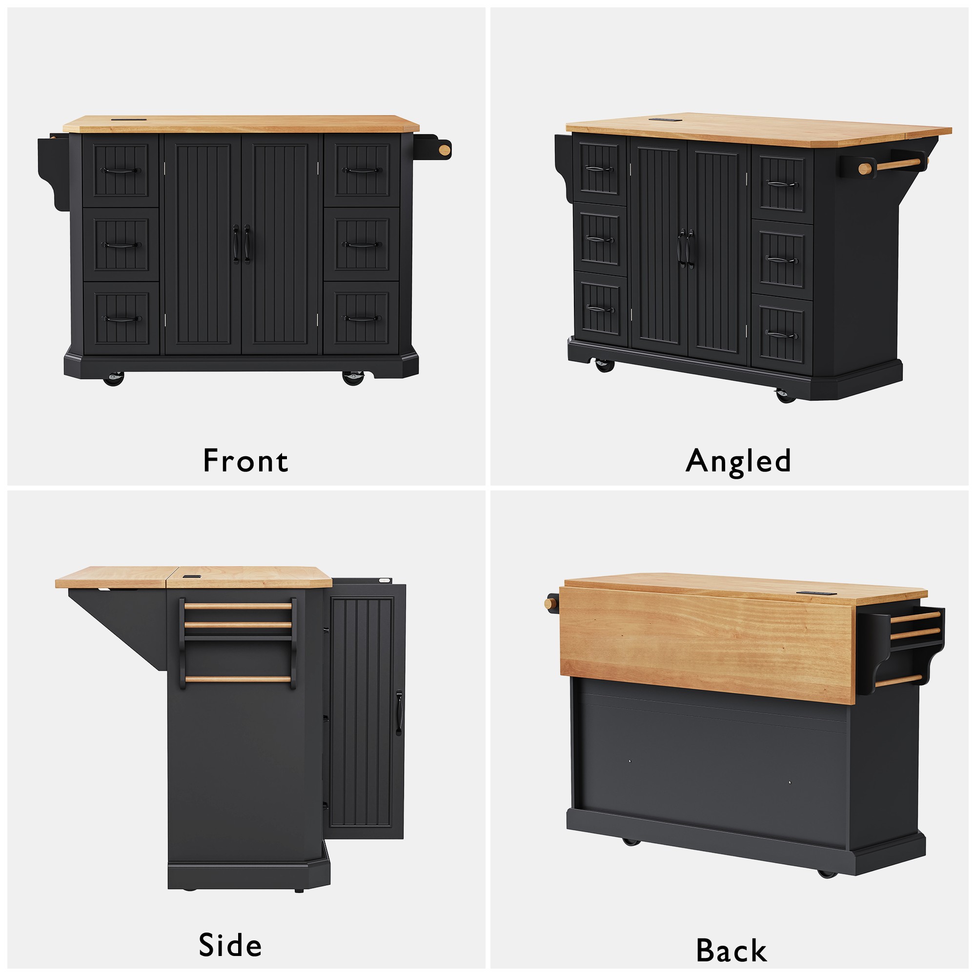 K&K Kitchen Island Rubber Wood Veneer Black