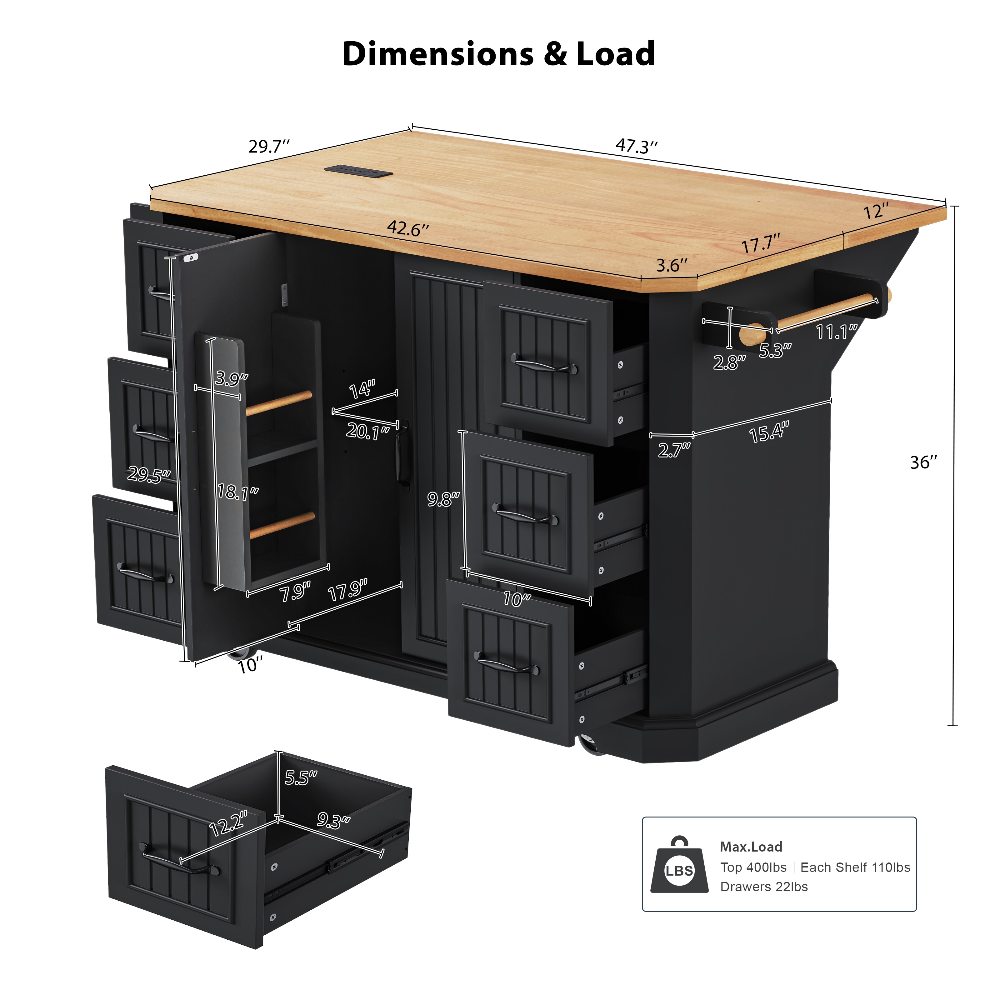 K&K Kitchen Island Rubber Wood Veneer Black