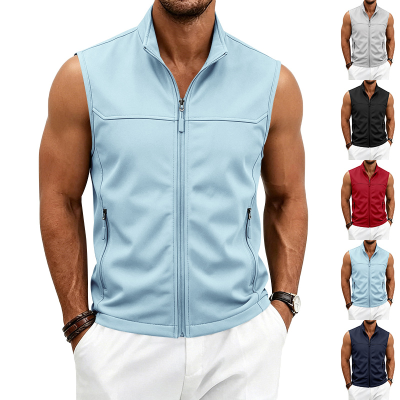 Mens Utility Vest Stand-collar Zippered