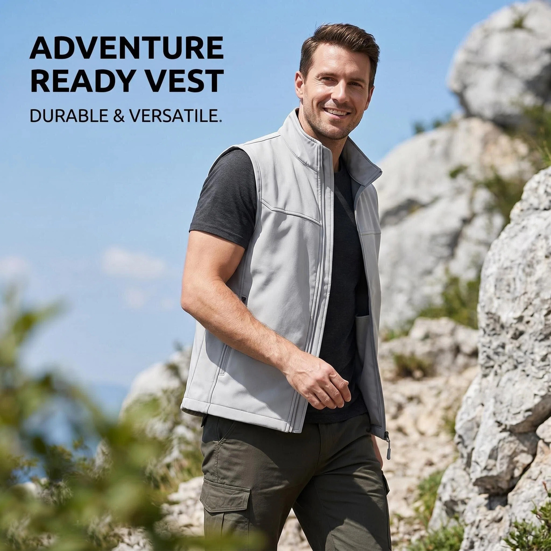 Mens Utility Vest Stand-collar Zippered