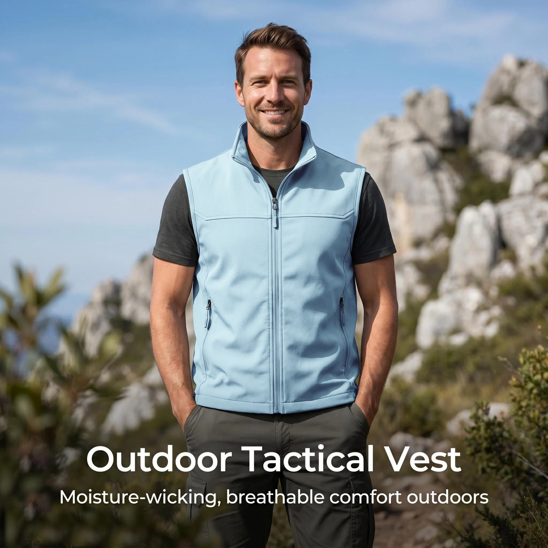 Mens Utility Vest Stand-collar Zippered