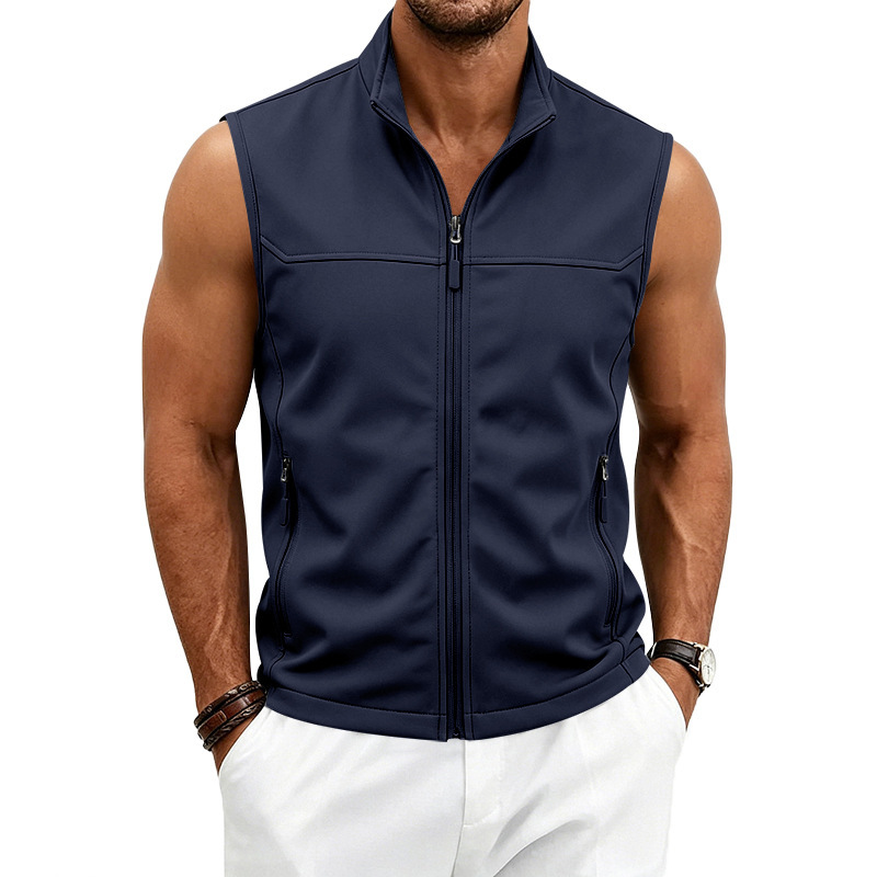 Mens Utility Vest Stand-collar Zippered