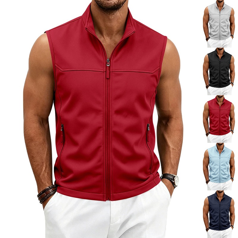 Mens Utility Vest Stand-collar Zippered