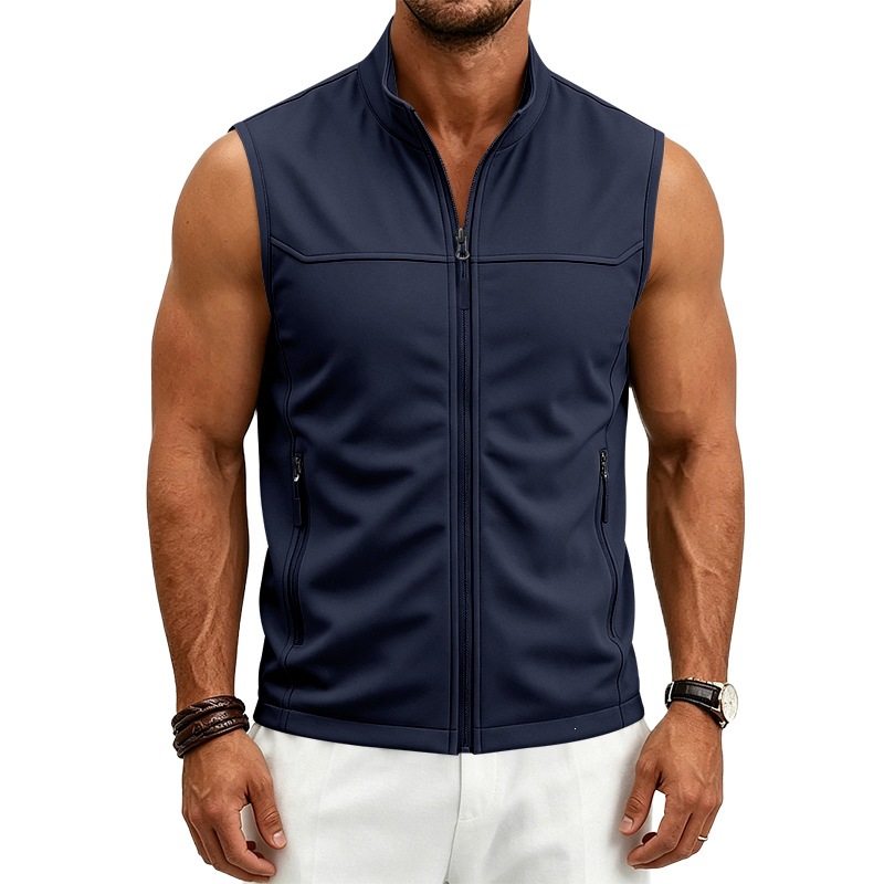 Mens Utility Vest Stand-collar Zippered