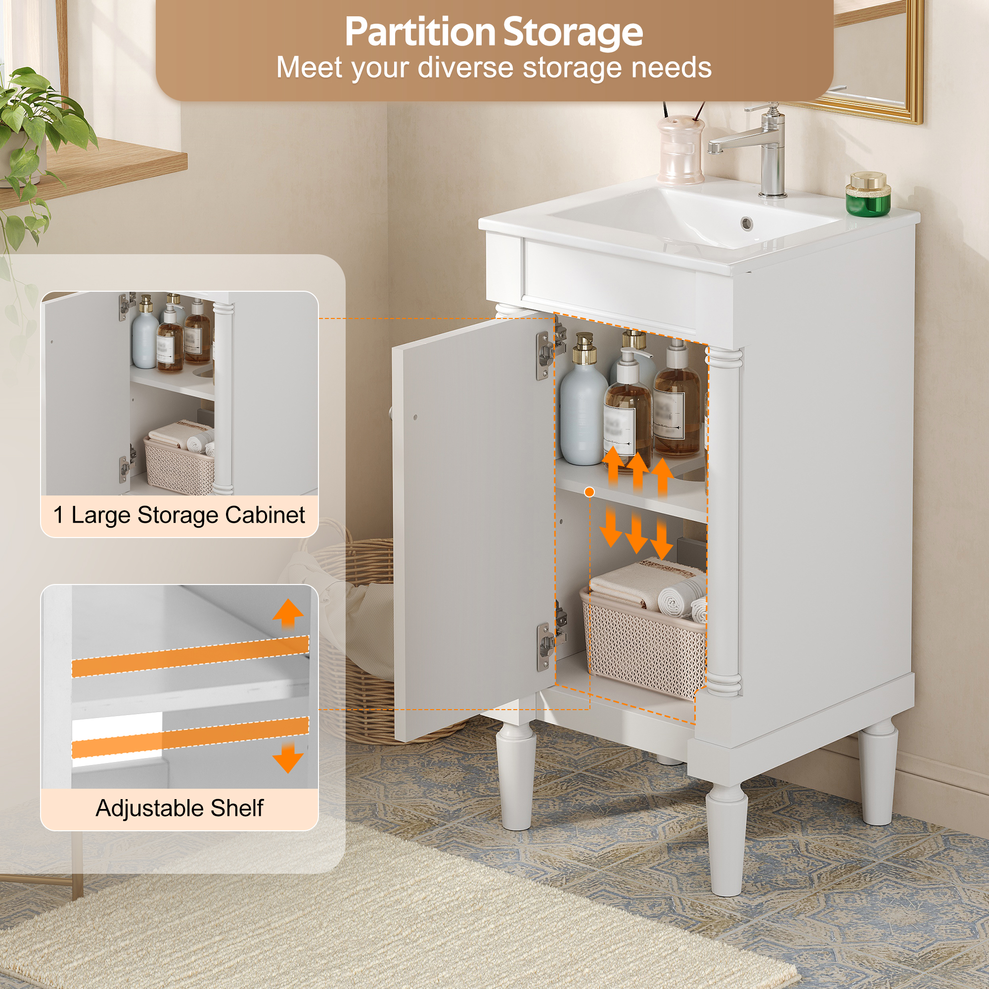 French Style Bathroom Cabinet 18inch