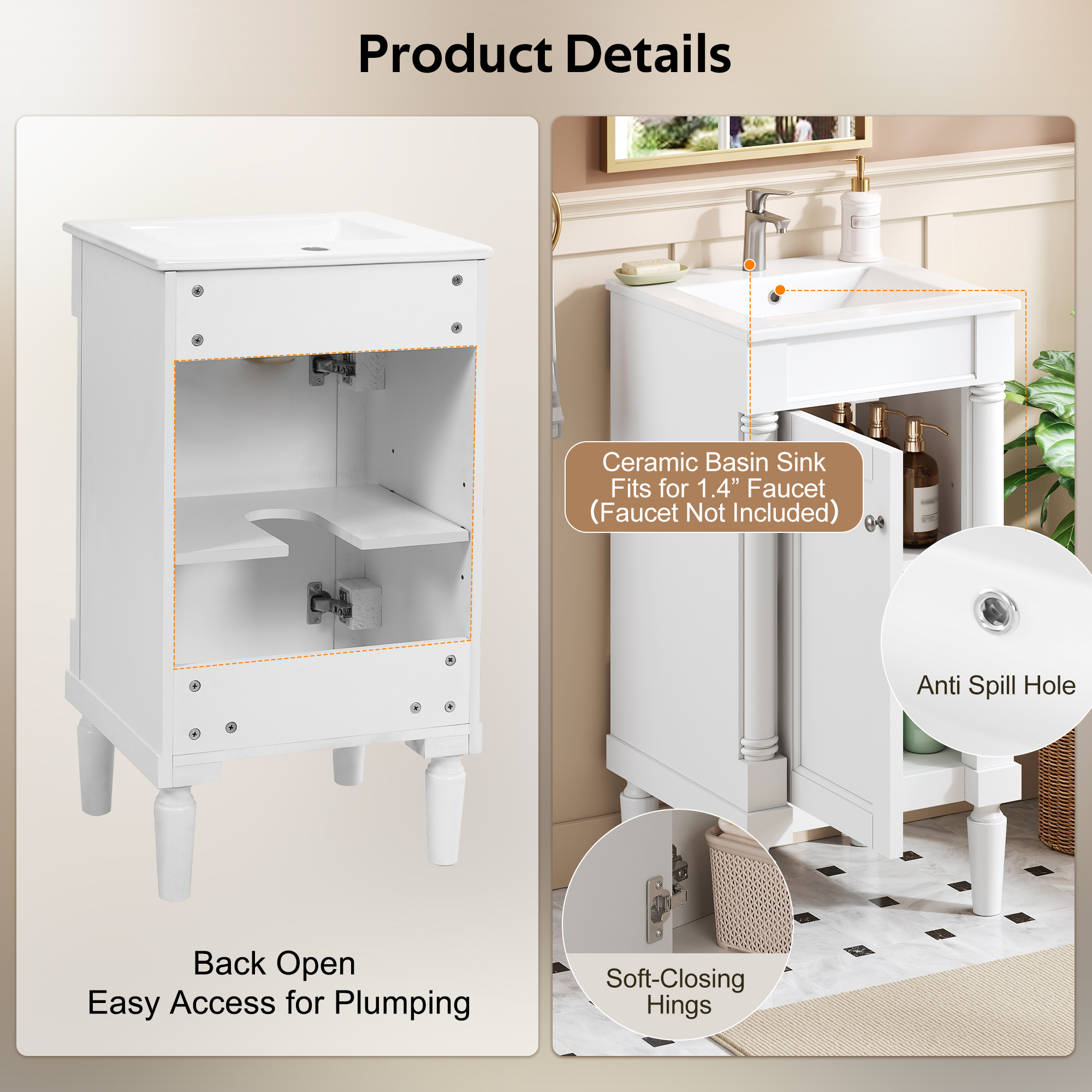 French Style Bathroom Cabinet 18inch