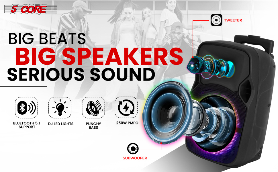 Party Speaker, 5 Core Bluetooth with Disco Lights